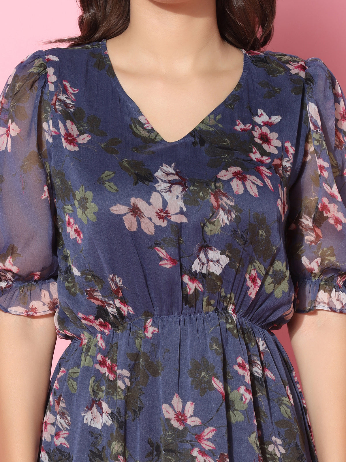 Women Floral Puff Sleeves Blue Midi Dress