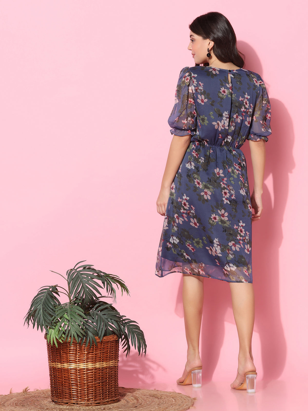 Women Floral Puff Sleeves Blue Midi Dress