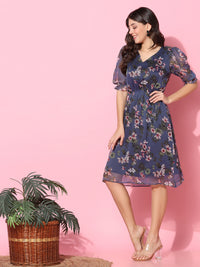 Women Floral Puff Sleeves Blue Midi Dress