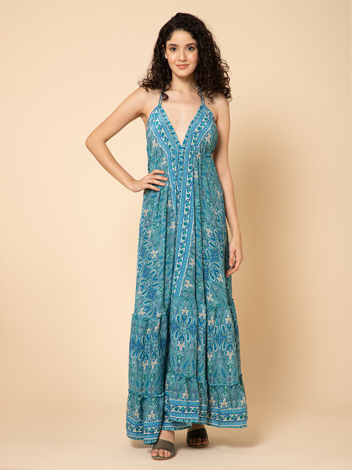 Aditi Wasan Printed  Turquoise Maxi Dress