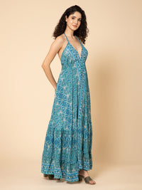 Aditi Wasan Printed  Turquoise Maxi Dress