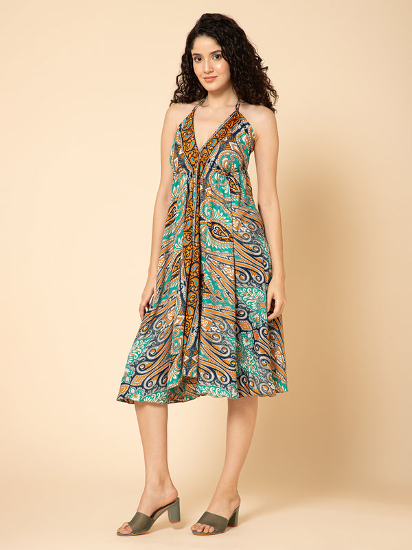 Aditi Wasan Green Printed Midi Dress – Flowy, Stylish & Comfortable