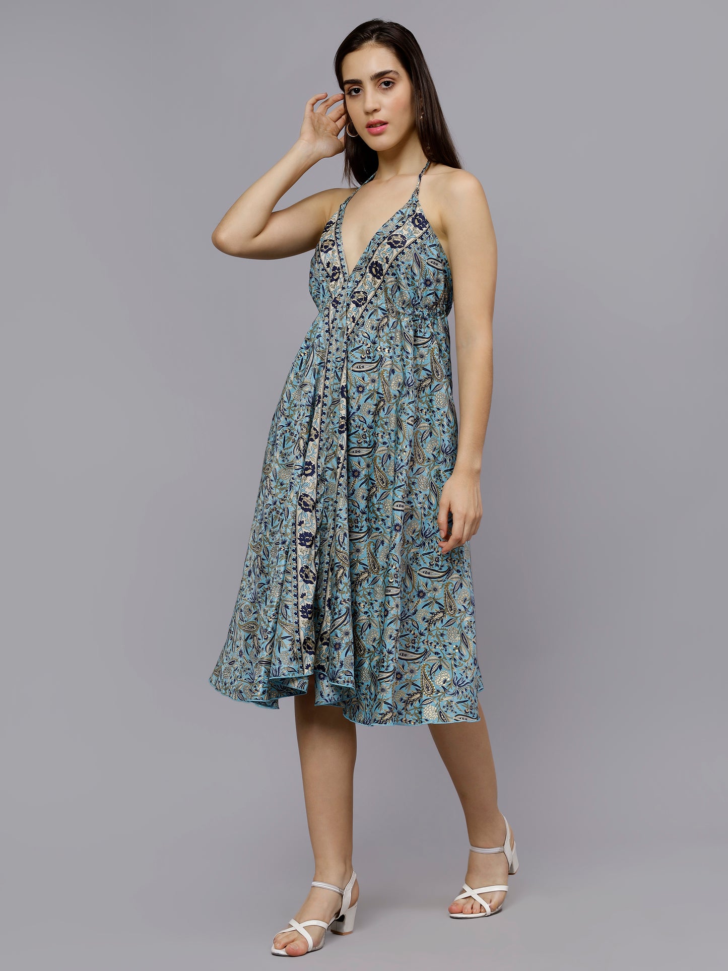 Multi-Colored paisley print sky blue freesize short dress