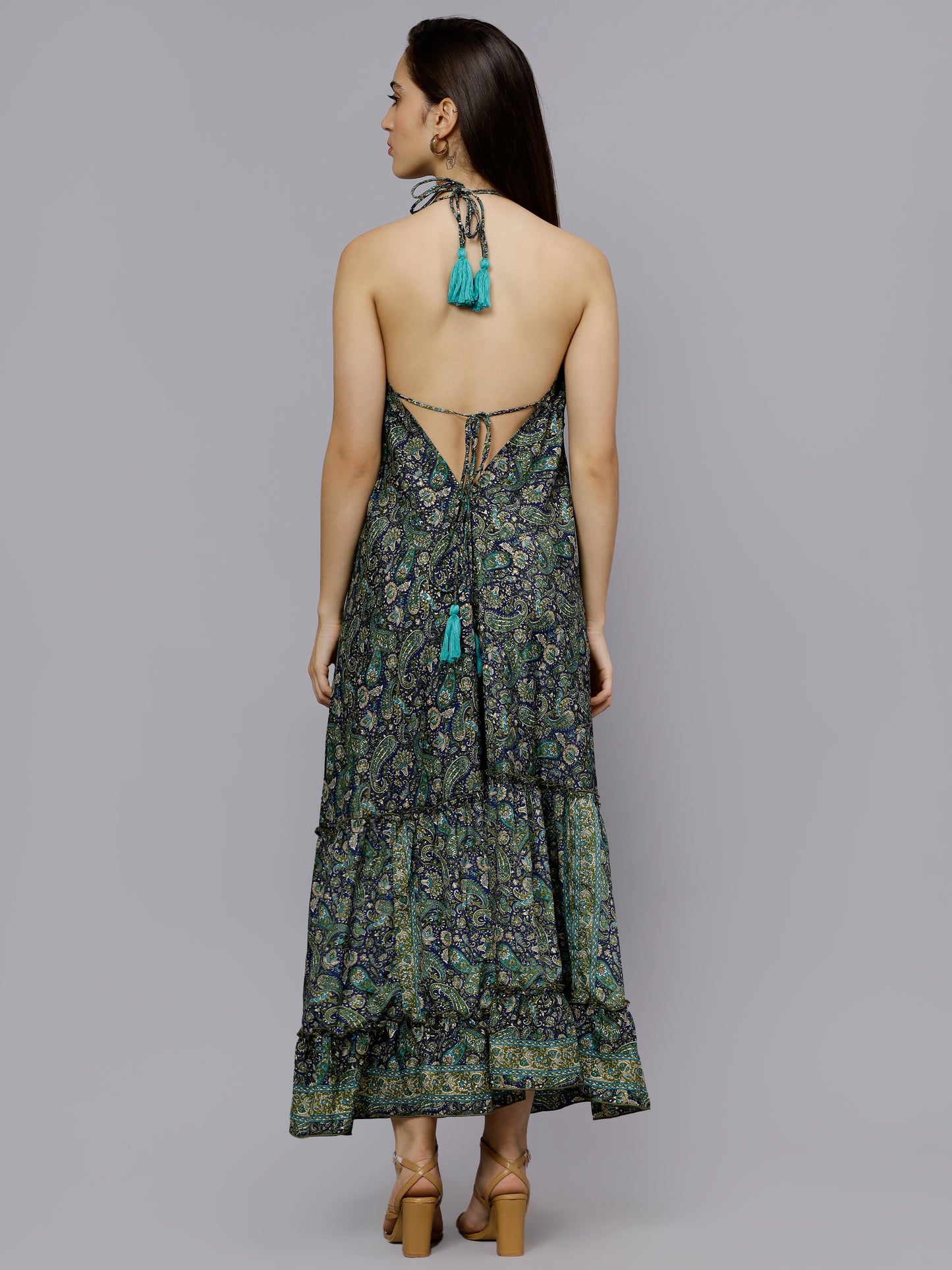 Multi-Colored paisley print green long freesize dress