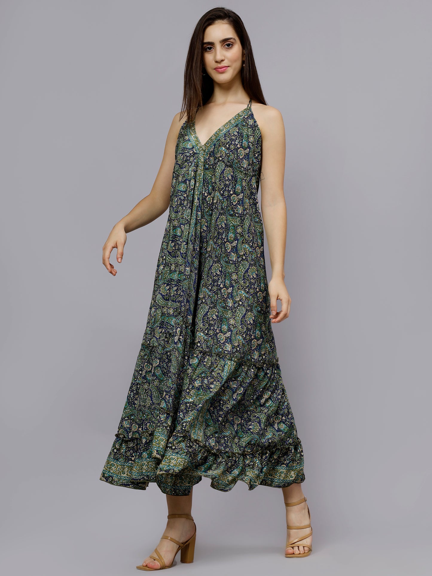 Multi-Colored paisley print green long freesize dress