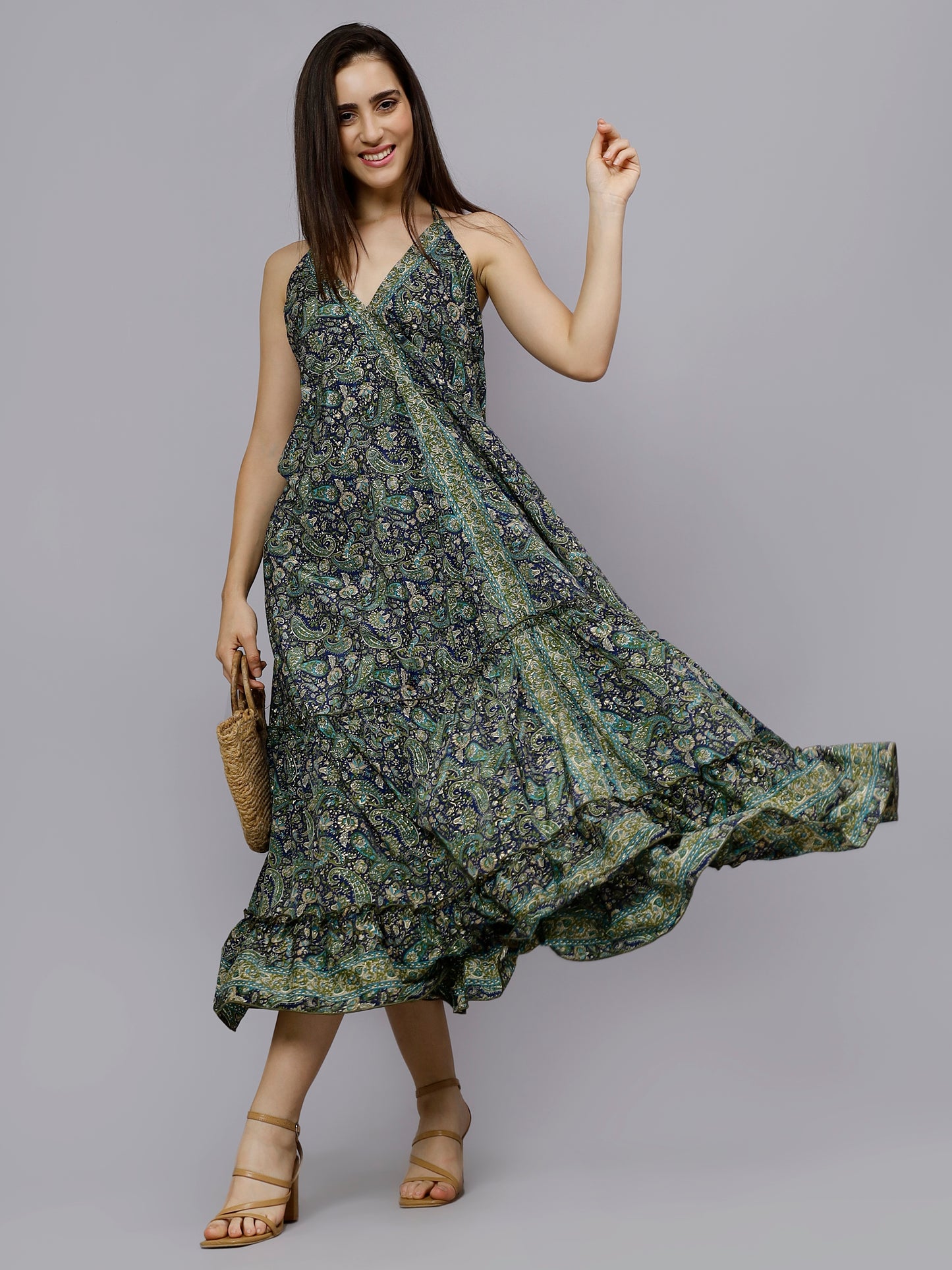 Multi-Colored paisley print green long freesize dress