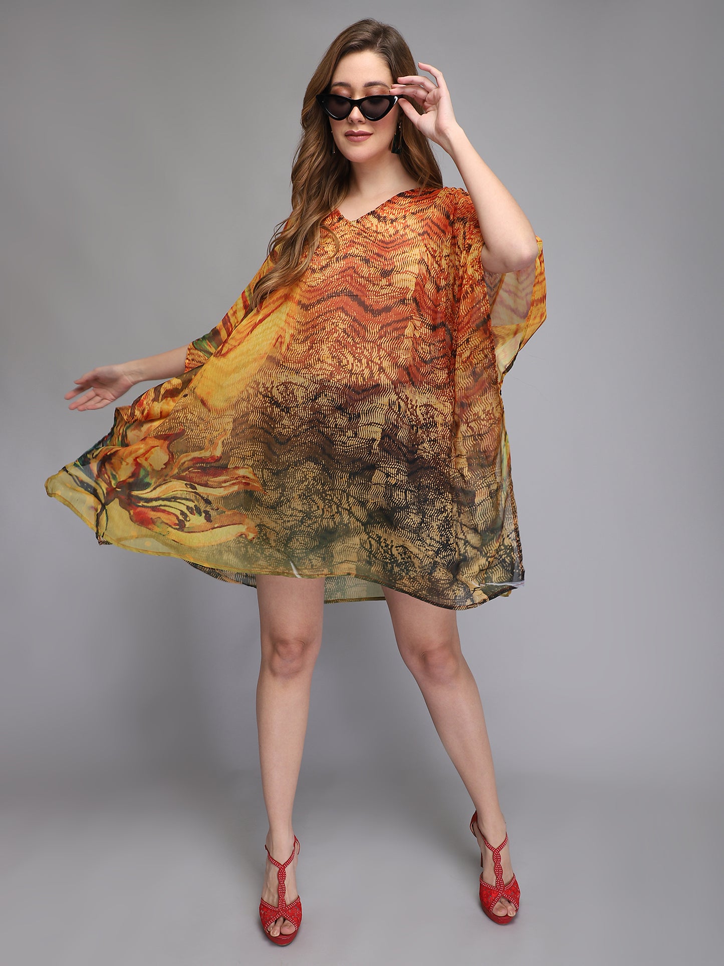 Orange printed polyester kaftan