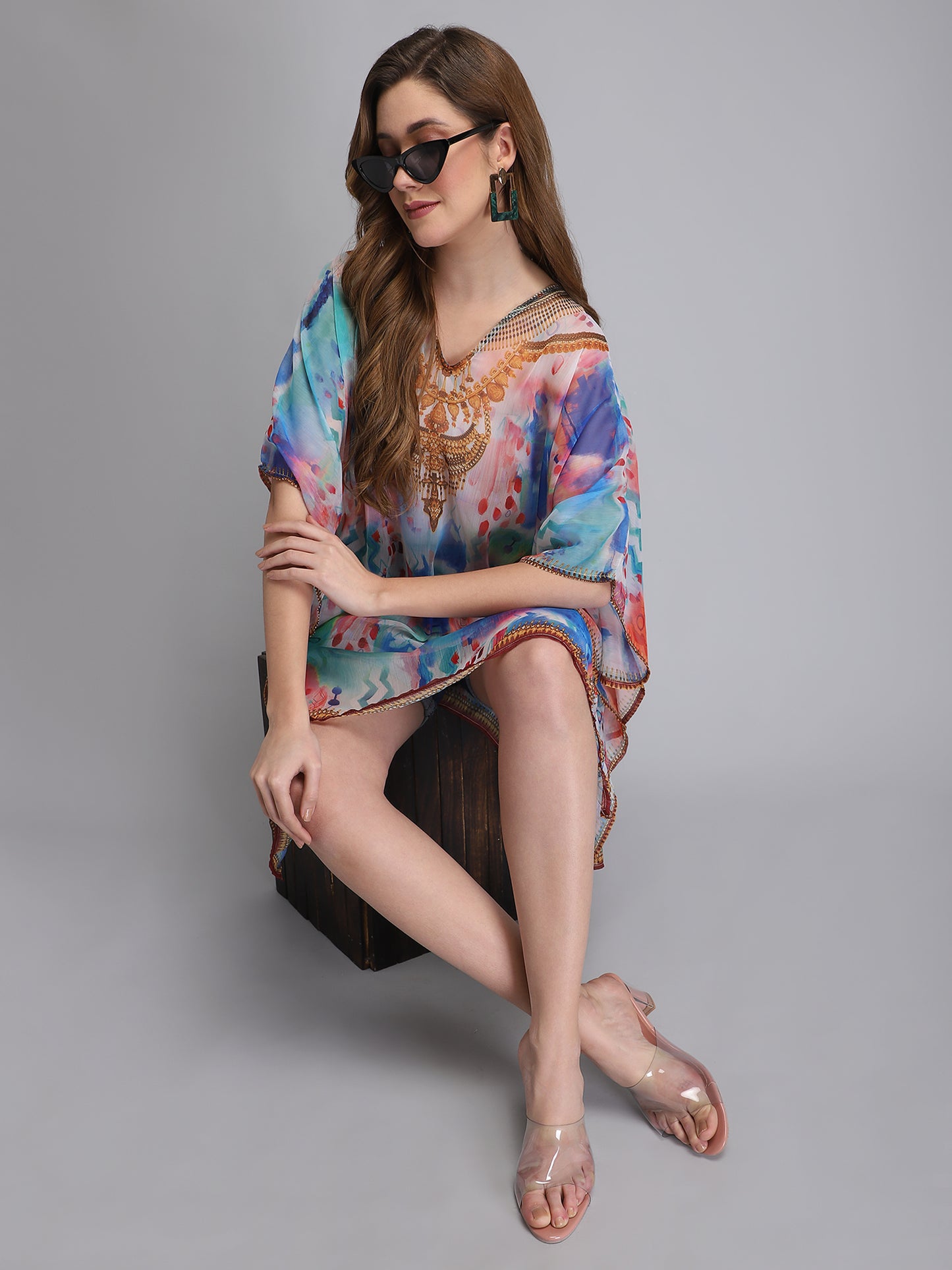 Multicolor V-Neck Polyester Kaftan