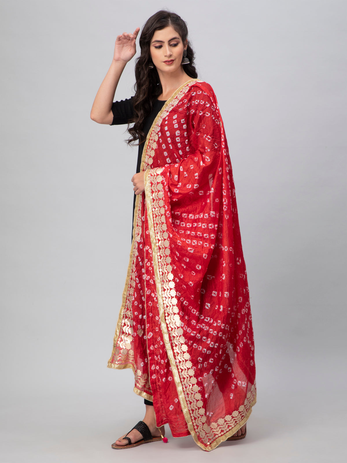 Red Bandhani Silk Blend Dupatta