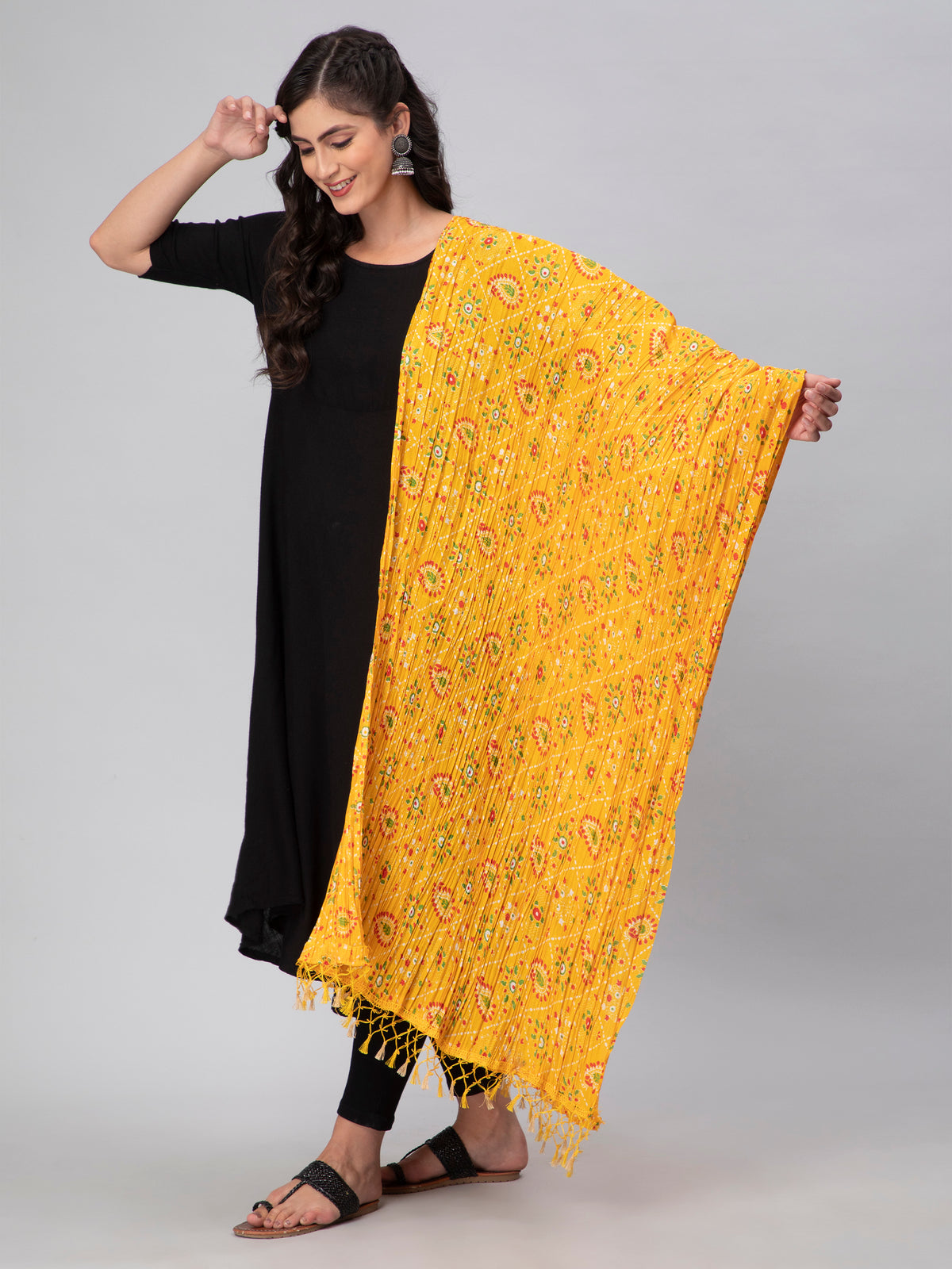 Yellow Printed Crushed Dupatta