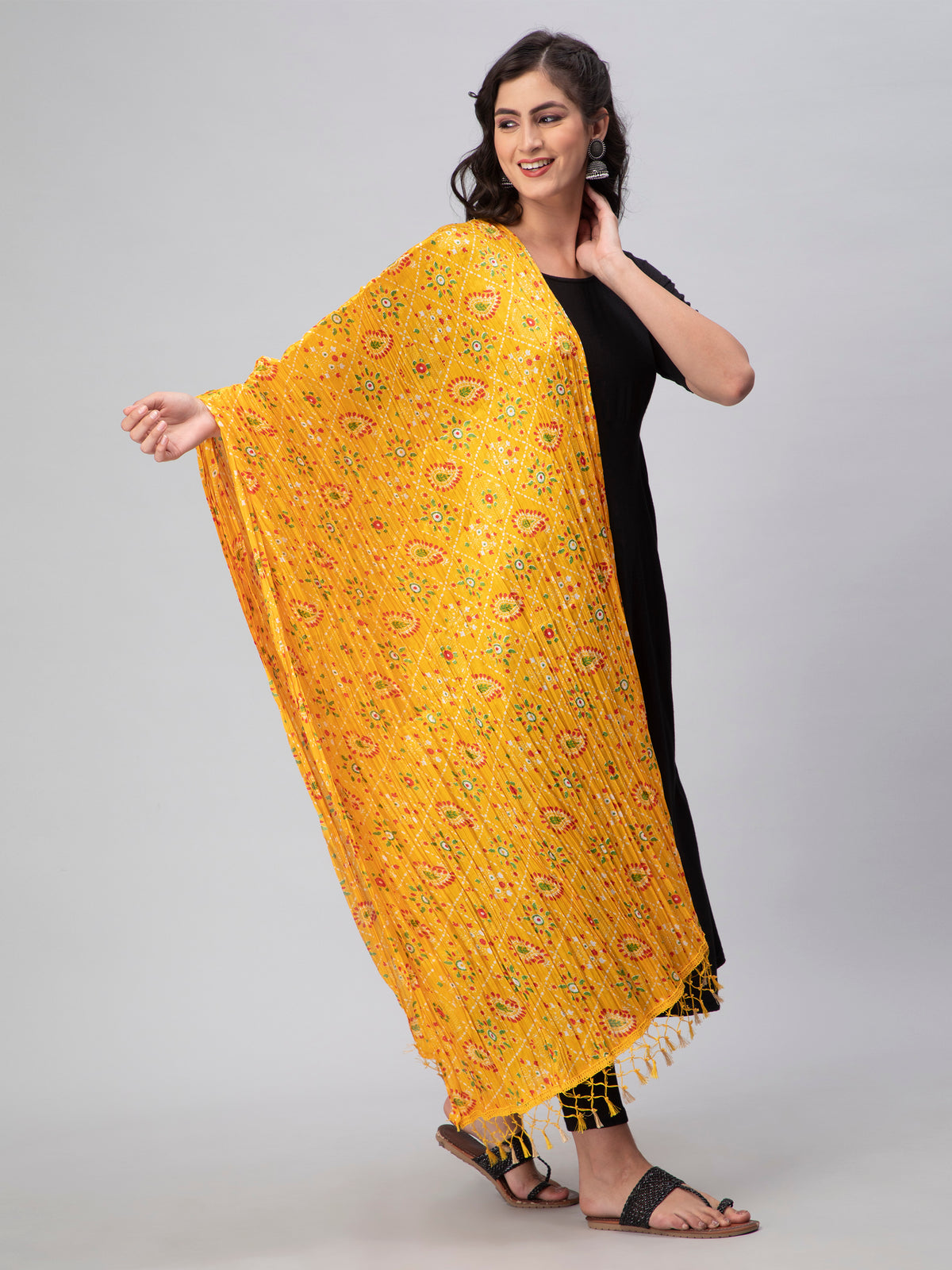 Yellow Printed Crushed Dupatta