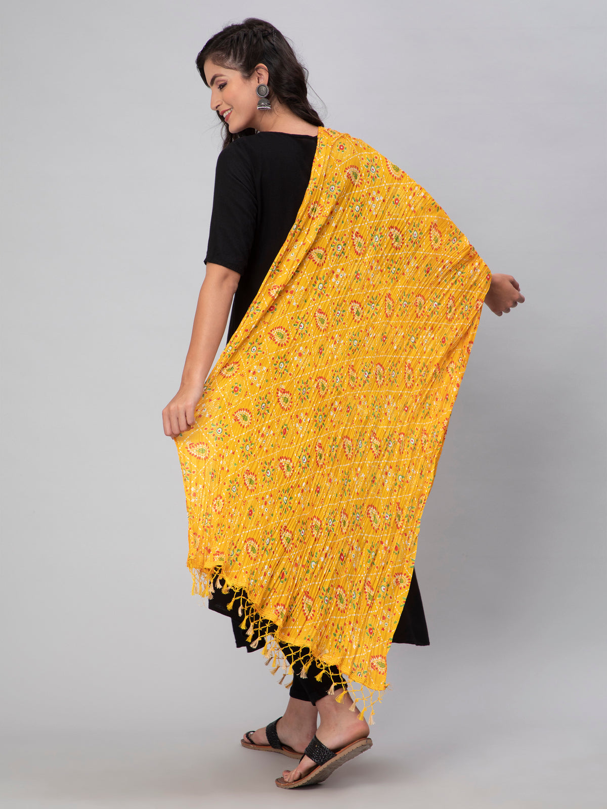 Yellow Printed Crushed Dupatta