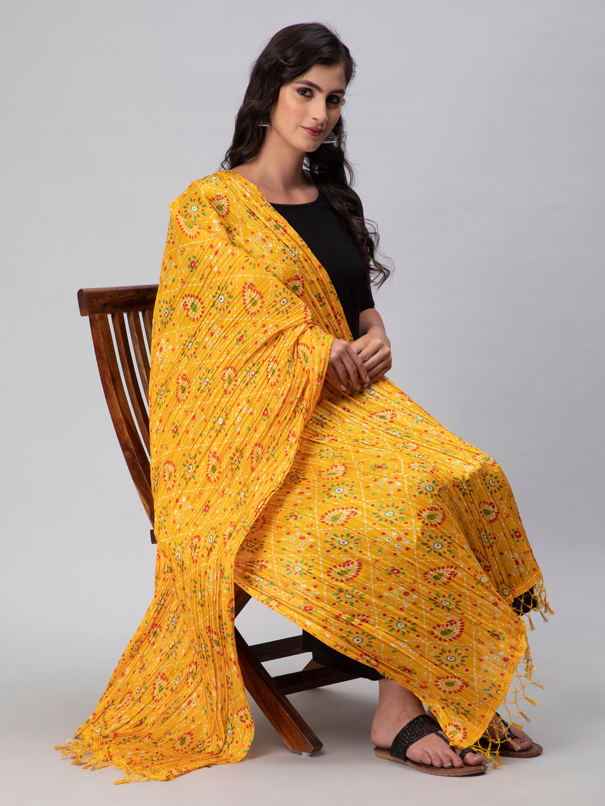 Yellow Printed Crushed Dupatta