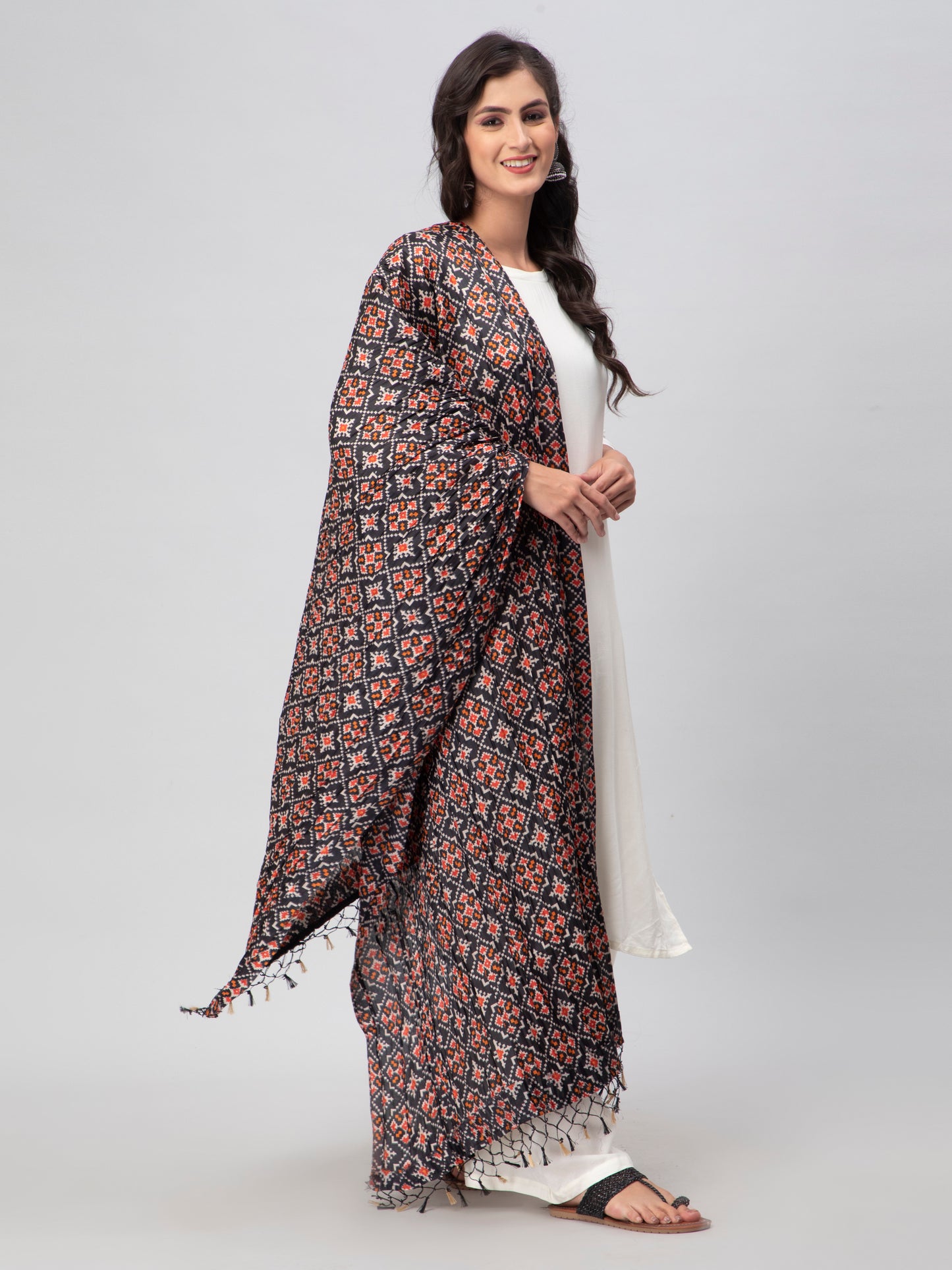Black Printed Crushed Silk Dupatta
