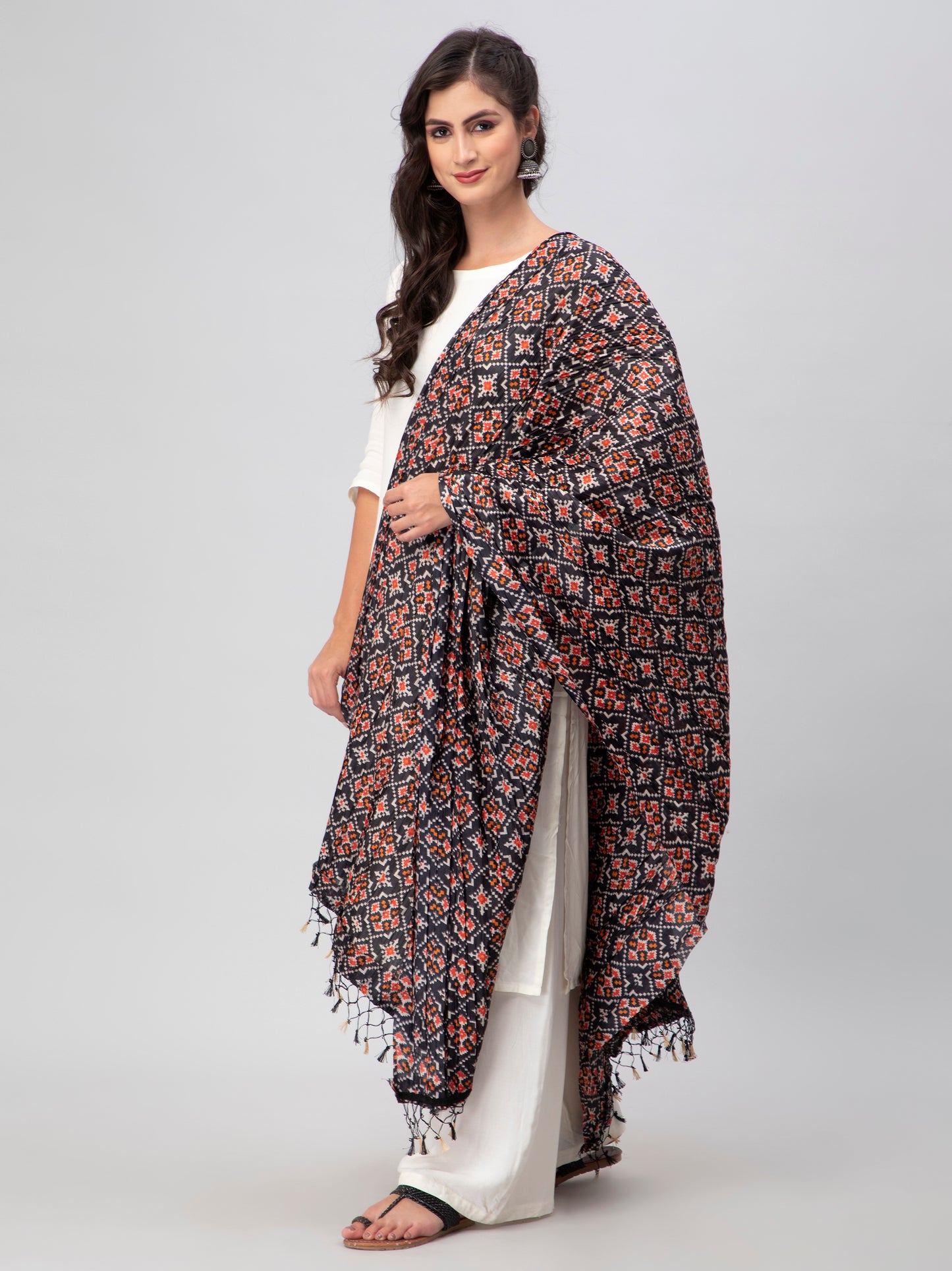 Black Printed Crushed Silk Dupatta