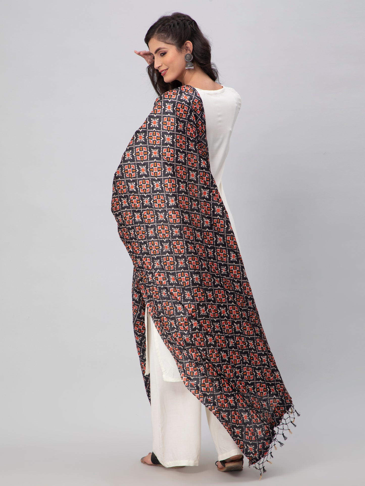 Black Printed Crushed Silk Dupatta