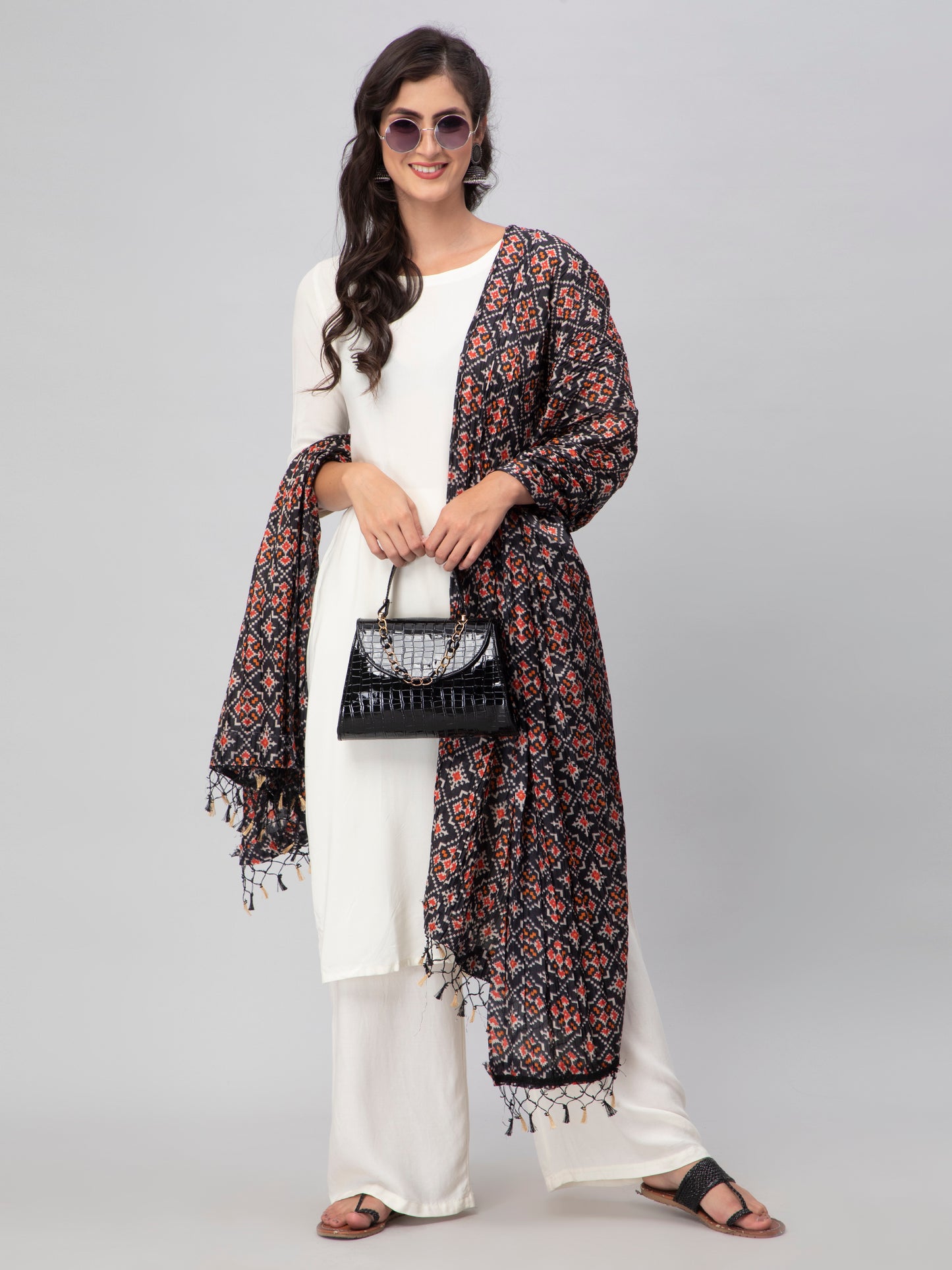Black Printed Crushed Silk Dupatta