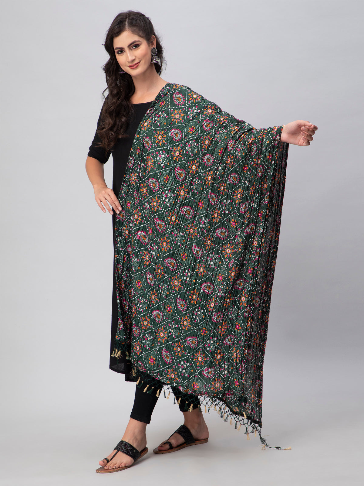 Green Printed Silk Blend Dupatta