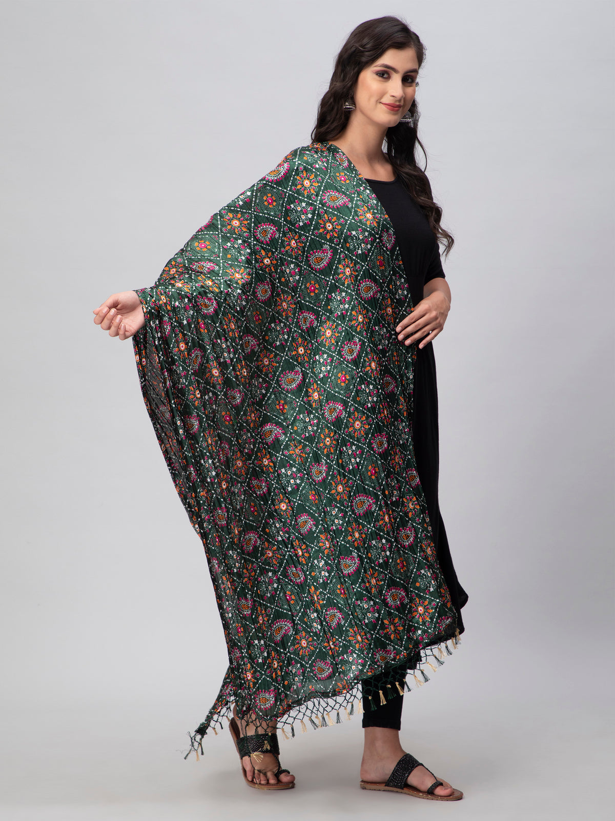 Green Printed Silk Blend Dupatta