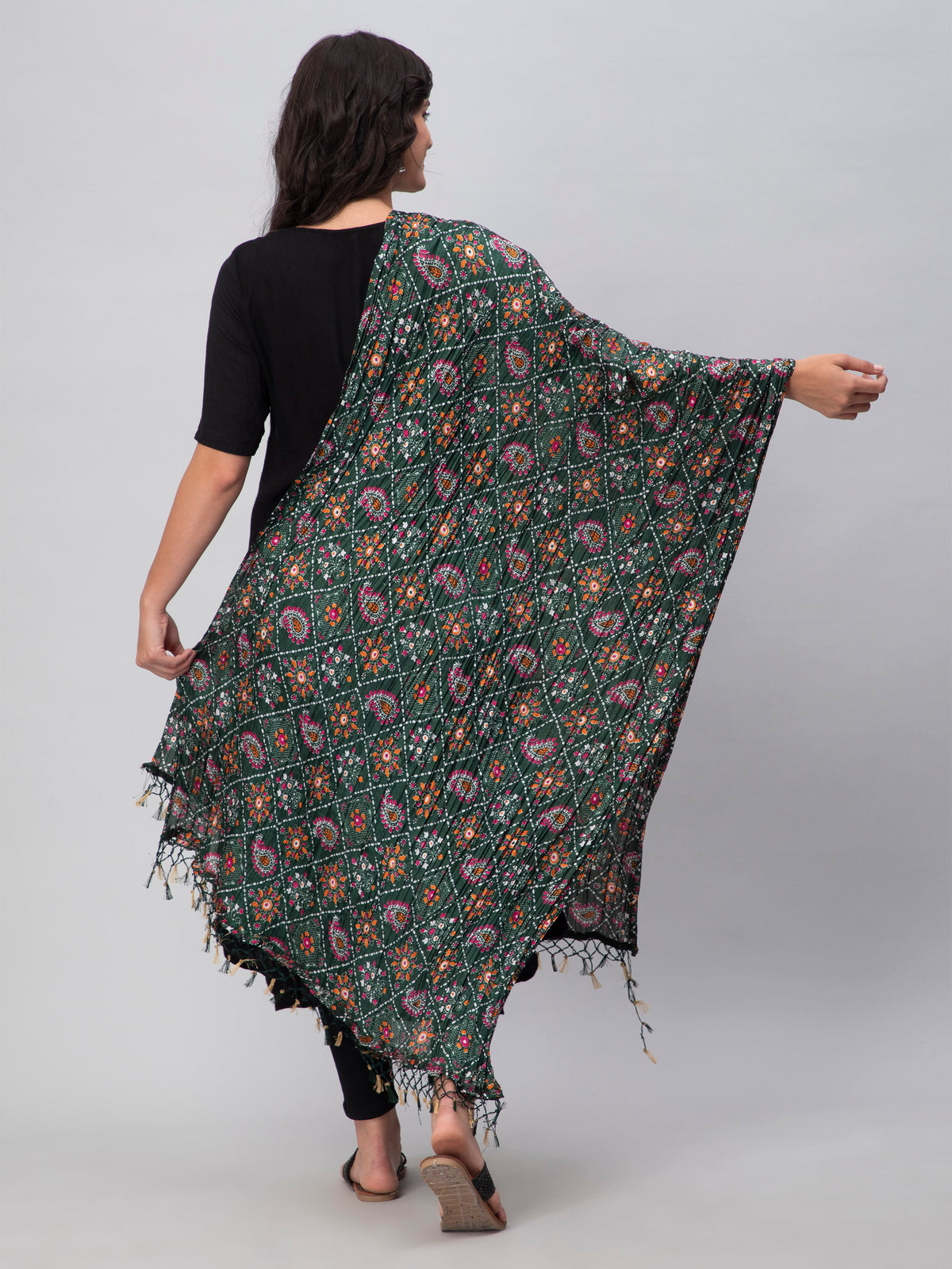 Green Printed Silk Blend Dupatta