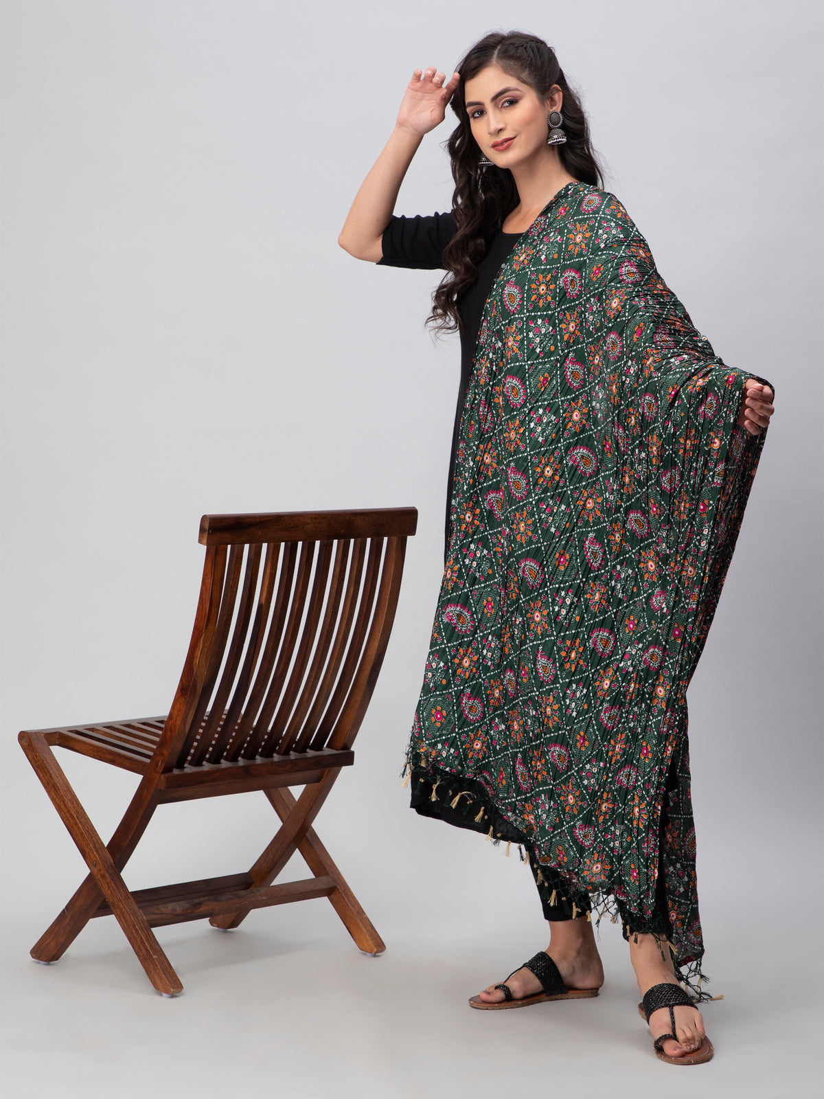 Green Printed Silk Blend Dupatta