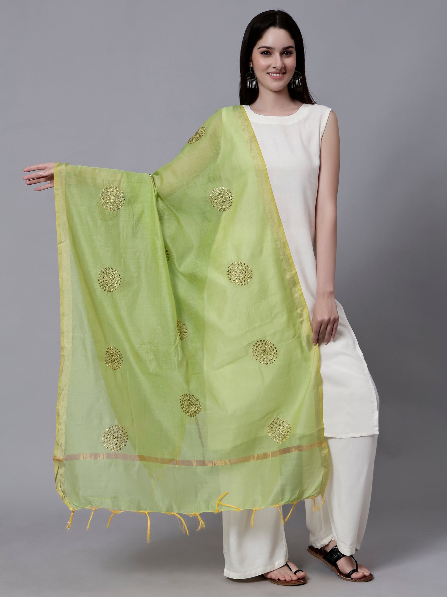 Green Embroidered Zari Boota Tasseled Border Ethnic Dupatta