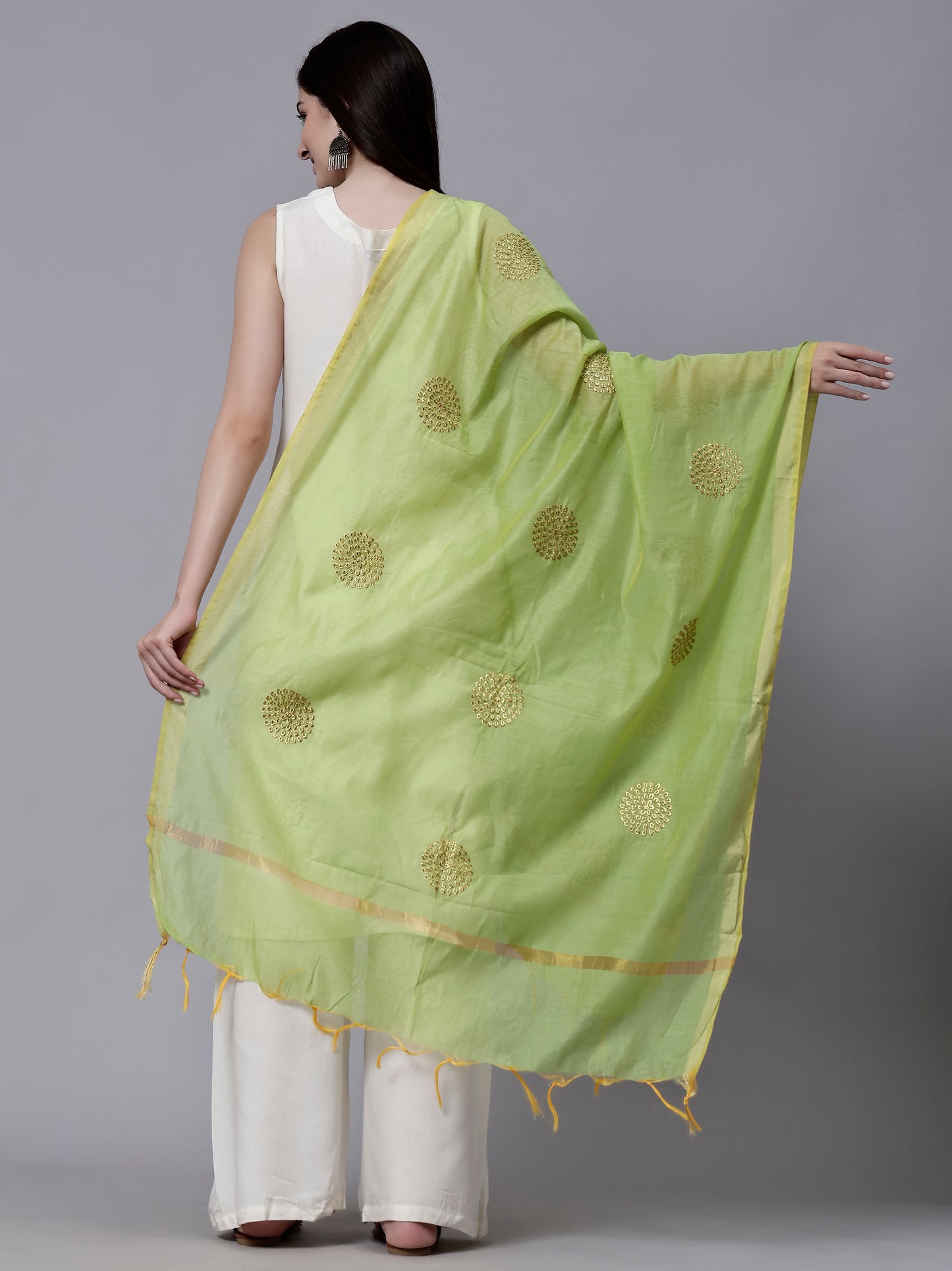 Green Embroidered Zari Boota Tasseled Border Ethnic Dupatta