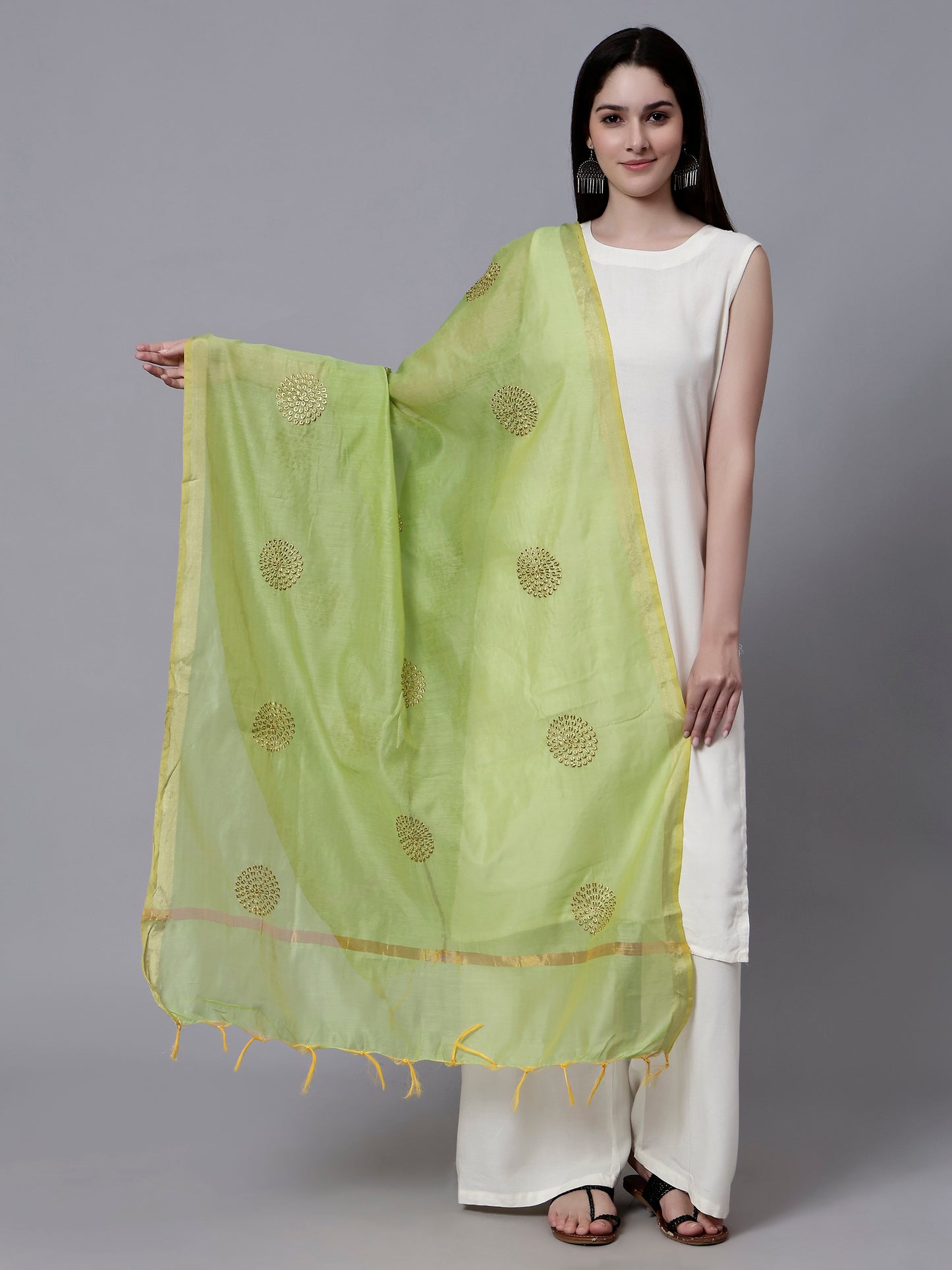 Green Embroidered Zari Boota Tasseled Border Ethnic Dupatta