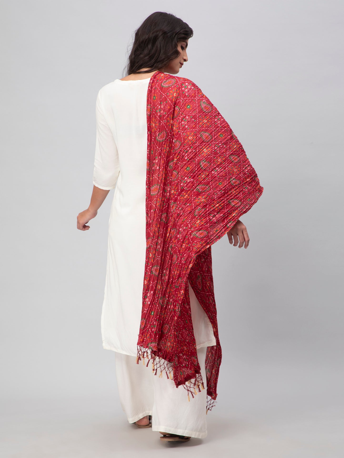 Red Printed Silk Blend Dupatta