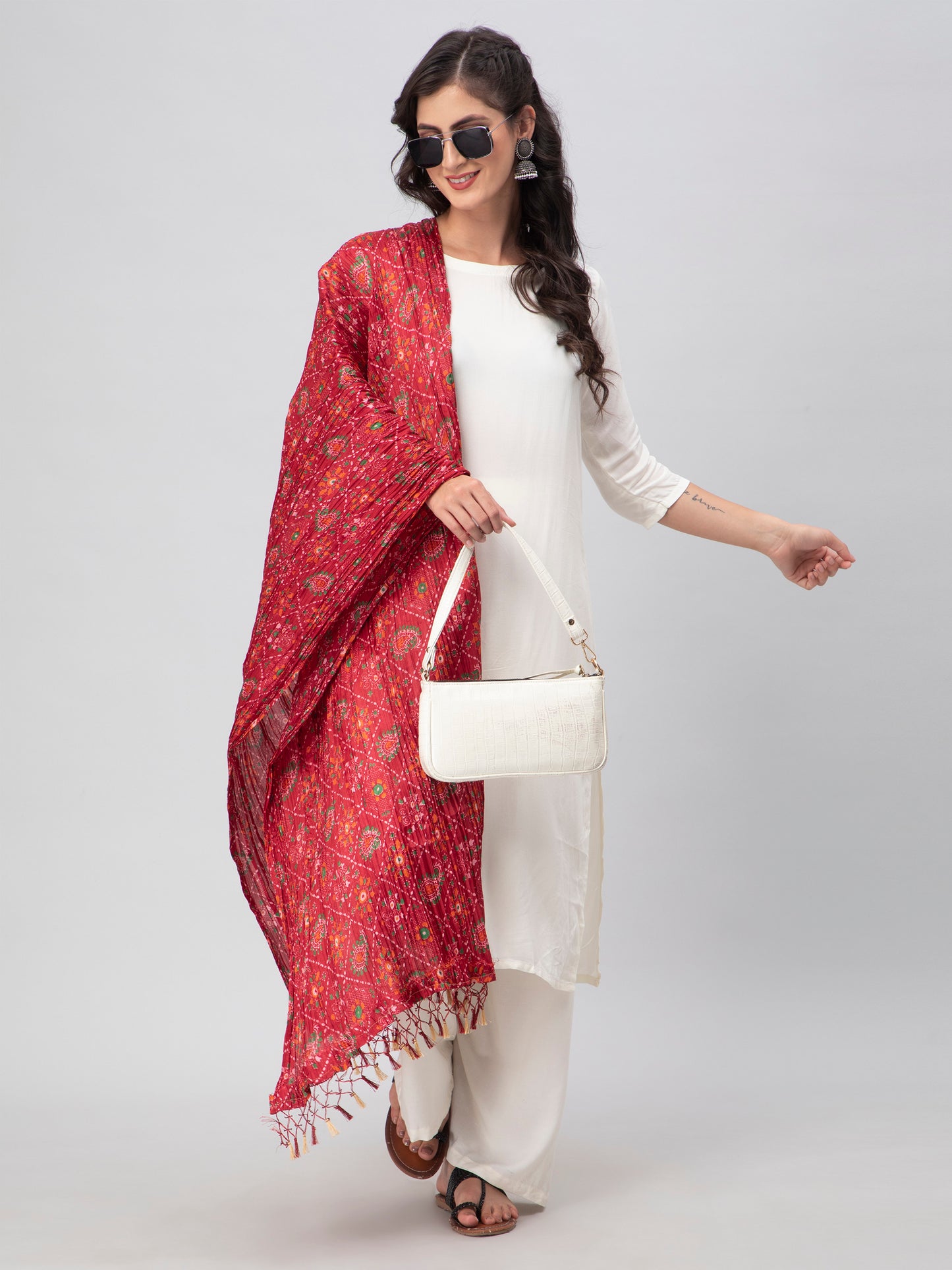 Red Printed Silk Blend Dupatta