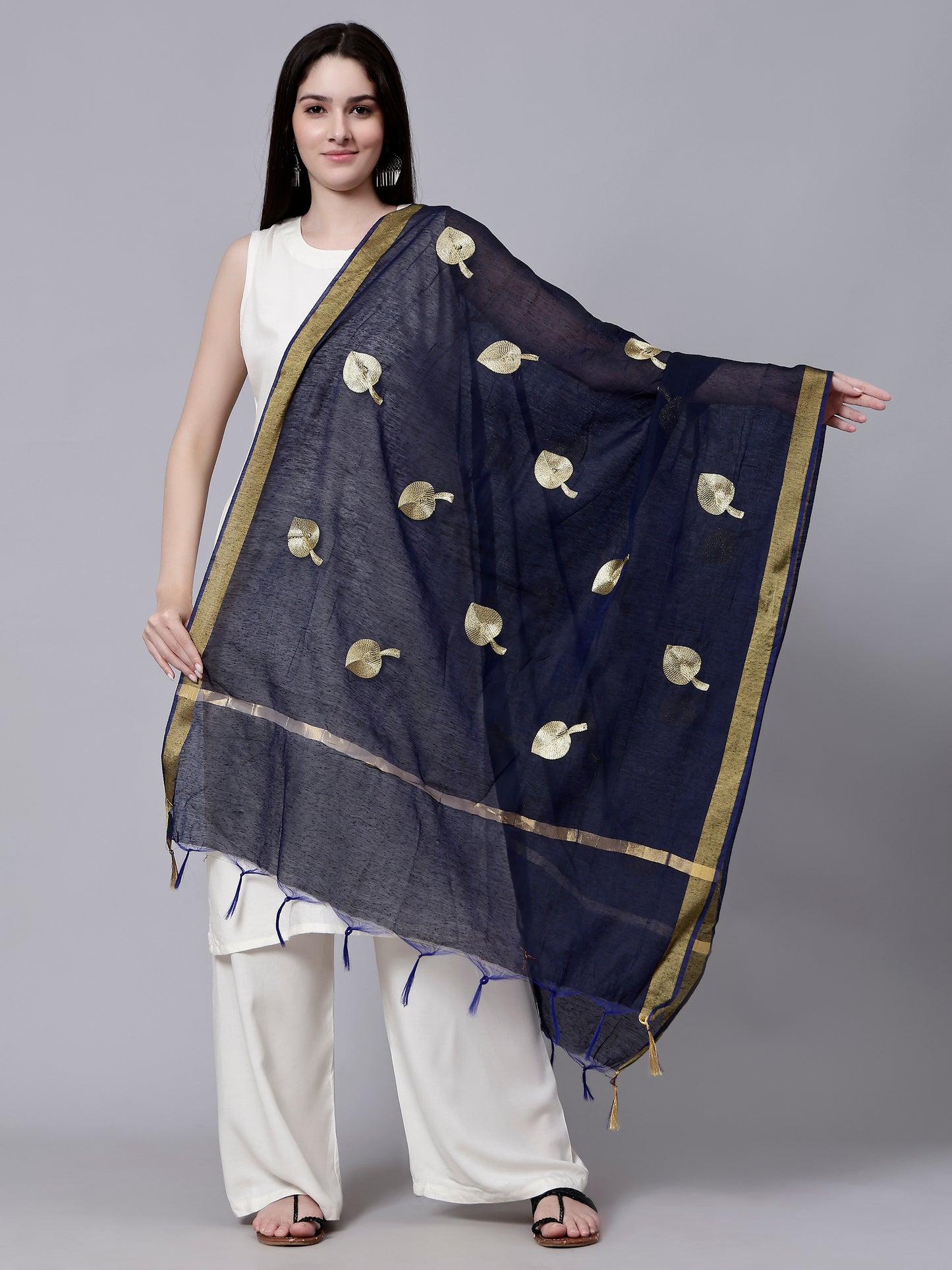 Blue Embroidered Zari Boota Tasseled Border Ethnic Dupatta