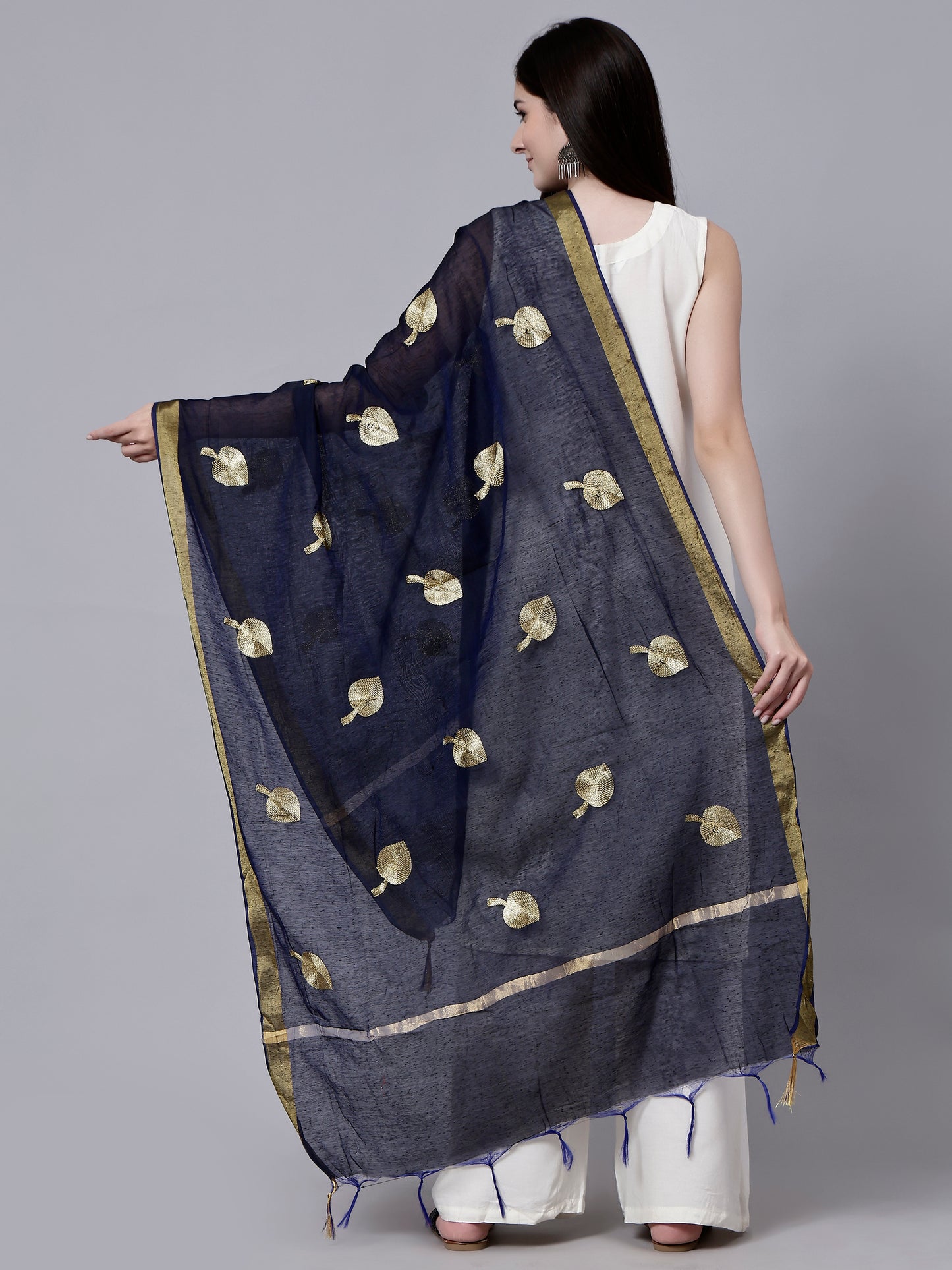 Blue Embroidered Zari Boota Tasseled Border Ethnic Dupatta