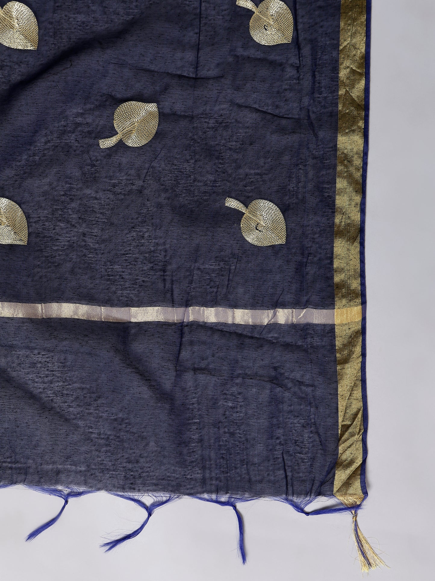 Blue Embroidered Zari Boota Tasseled Border Ethnic Dupatta