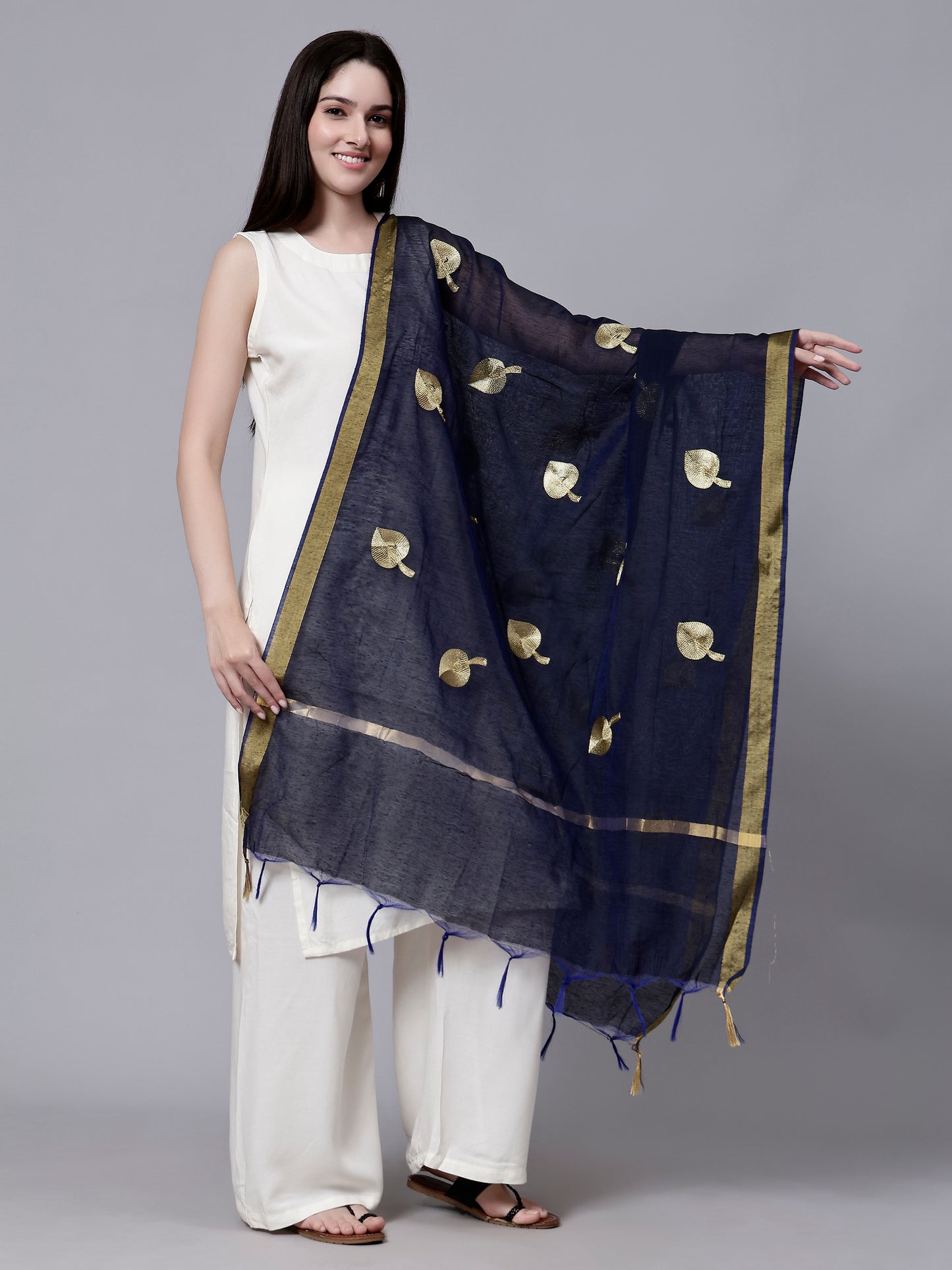 Blue Embroidered Zari Boota Tasseled Border Ethnic Dupatta