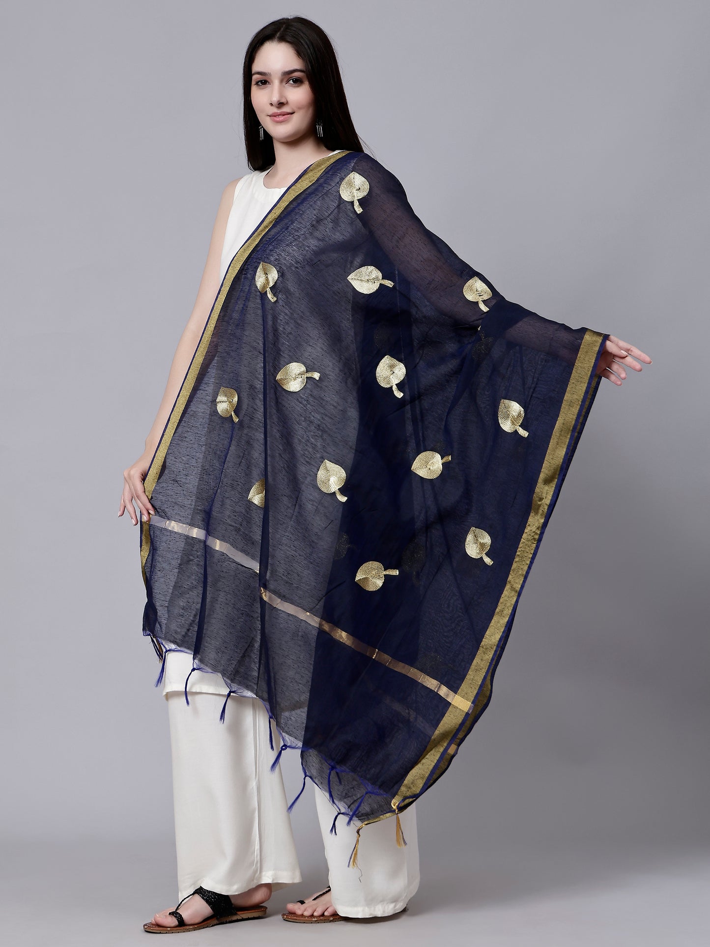 Blue Embroidered Zari Boota Tasseled Border Ethnic Dupatta