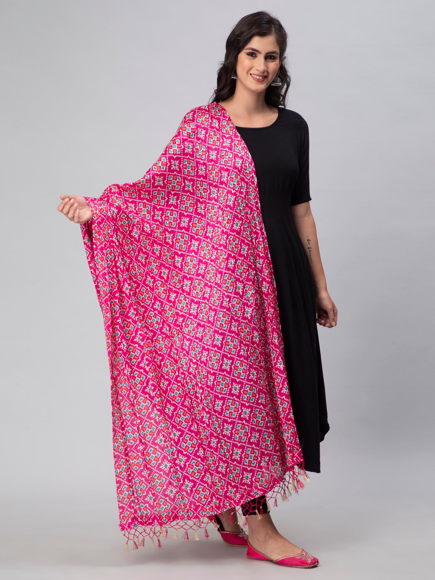 Pink Printed Silk Blend Dupatta