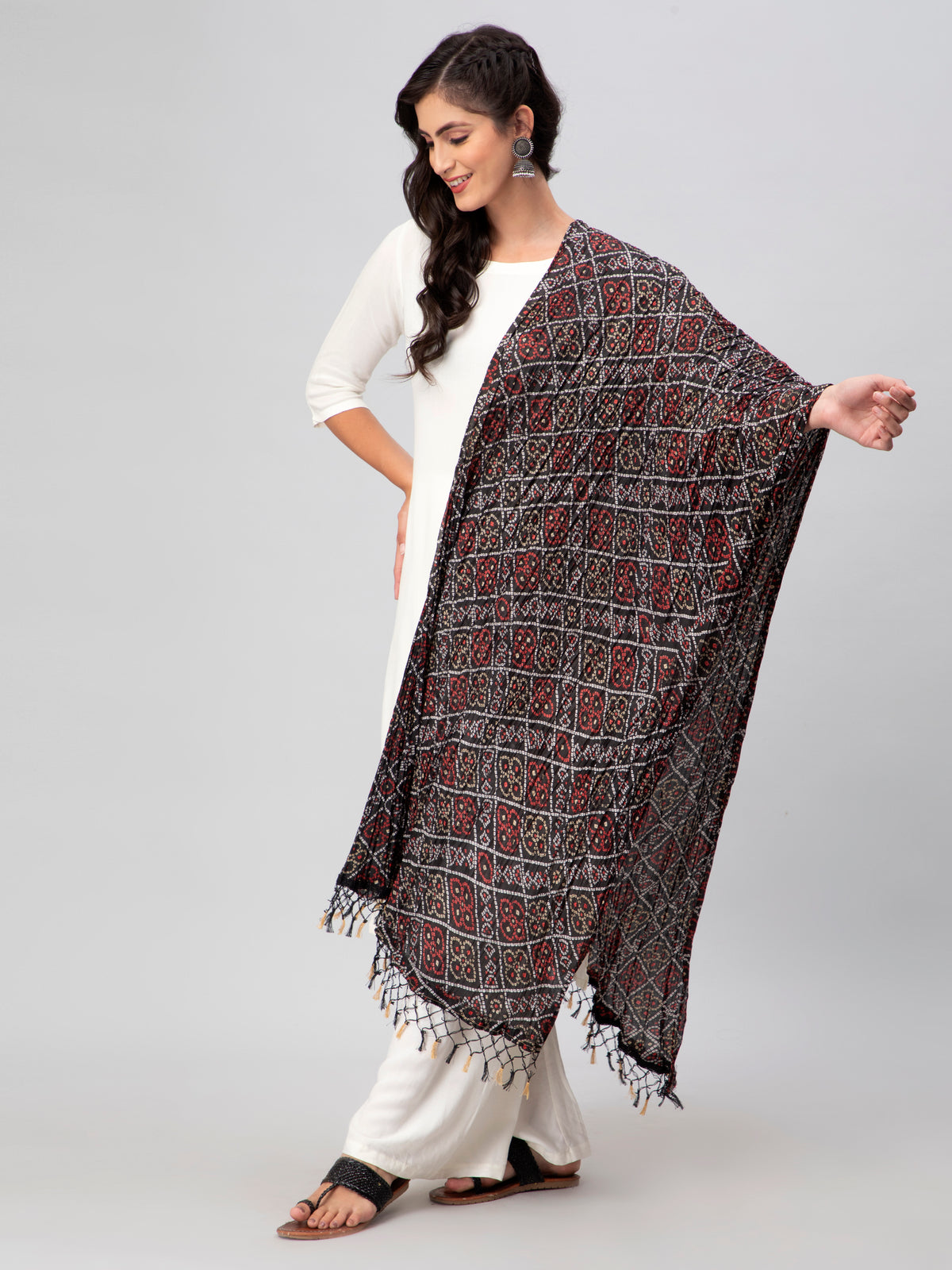 Black Printed Silk Blend Dupatta