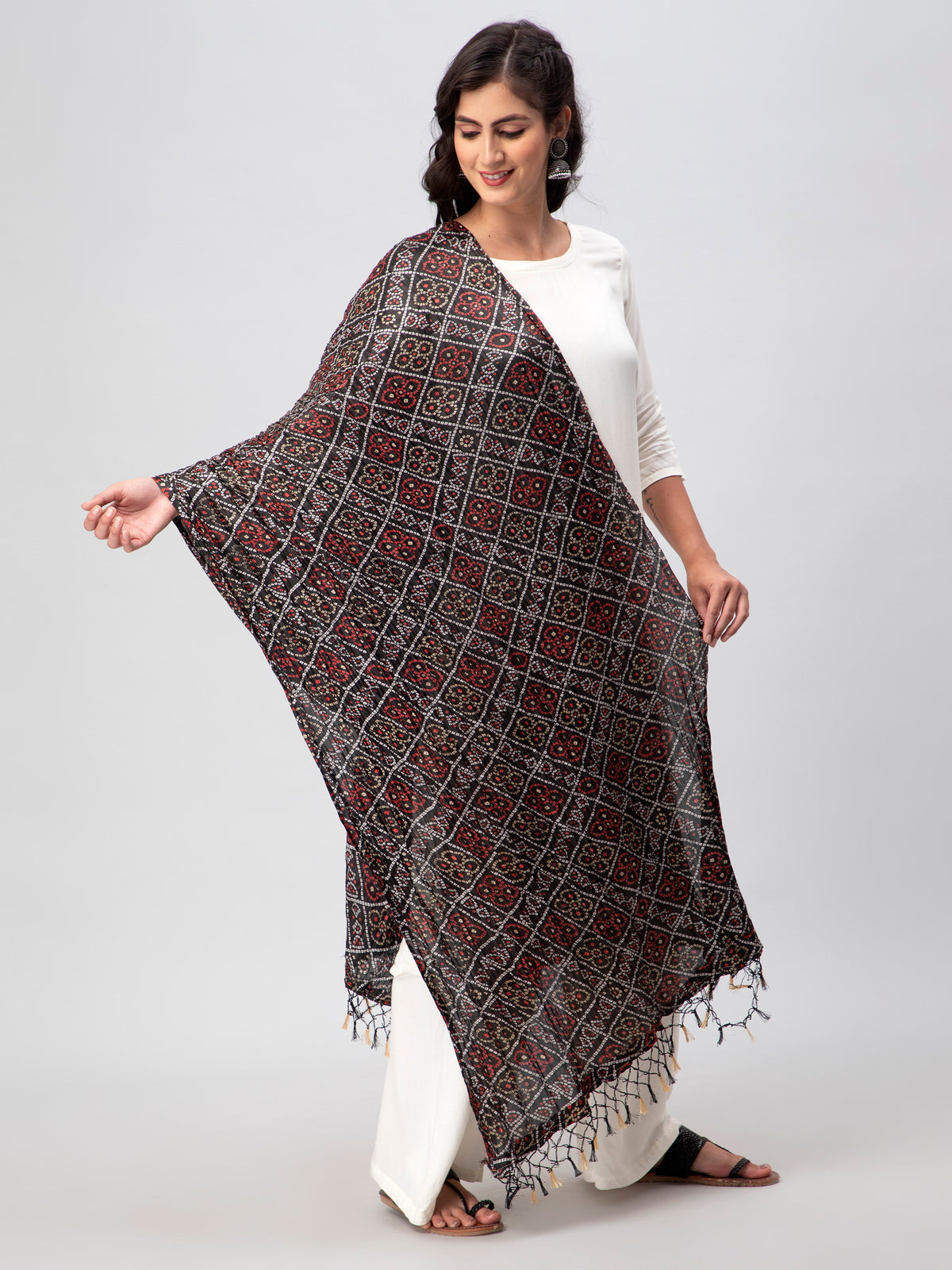 Black Printed Silk Blend Dupatta