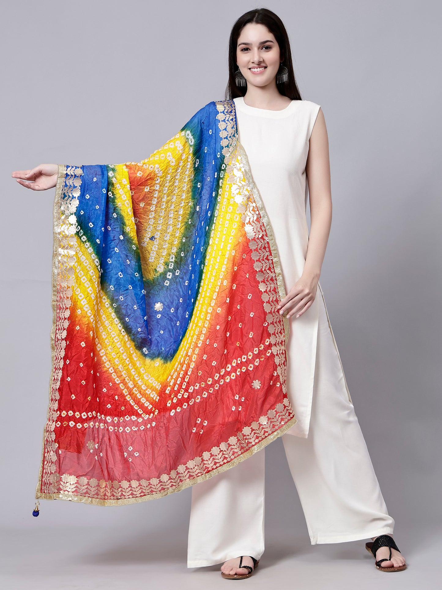 Jaipuri Bandhani Tie-Dye Polka-dot Print Dupatta with Golden Gotta Lace Border - Multi-Color