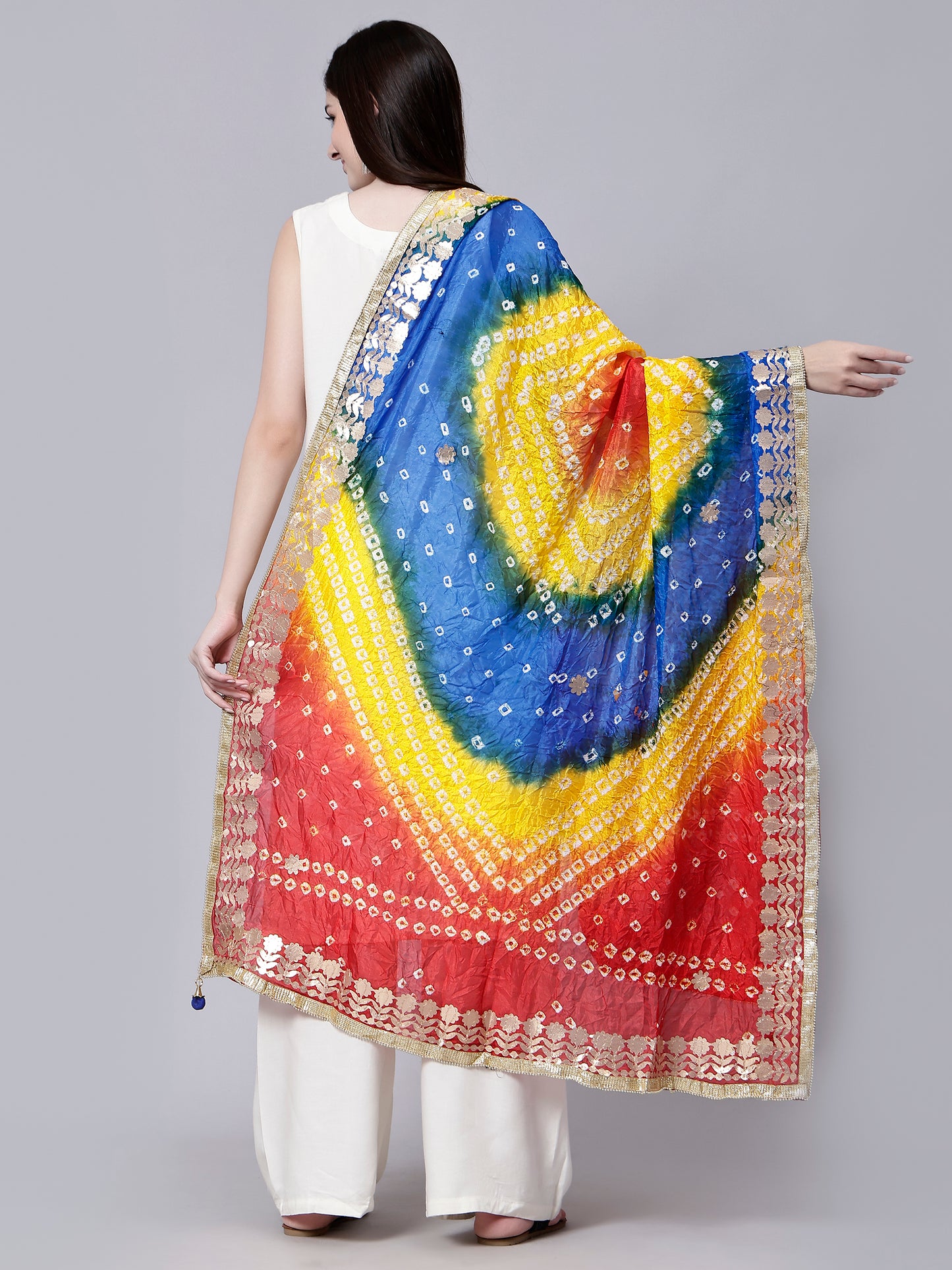 Jaipuri Bandhani Tie-Dye Polka-dot Print Dupatta with Golden Gotta Lace Border - Multi-Color