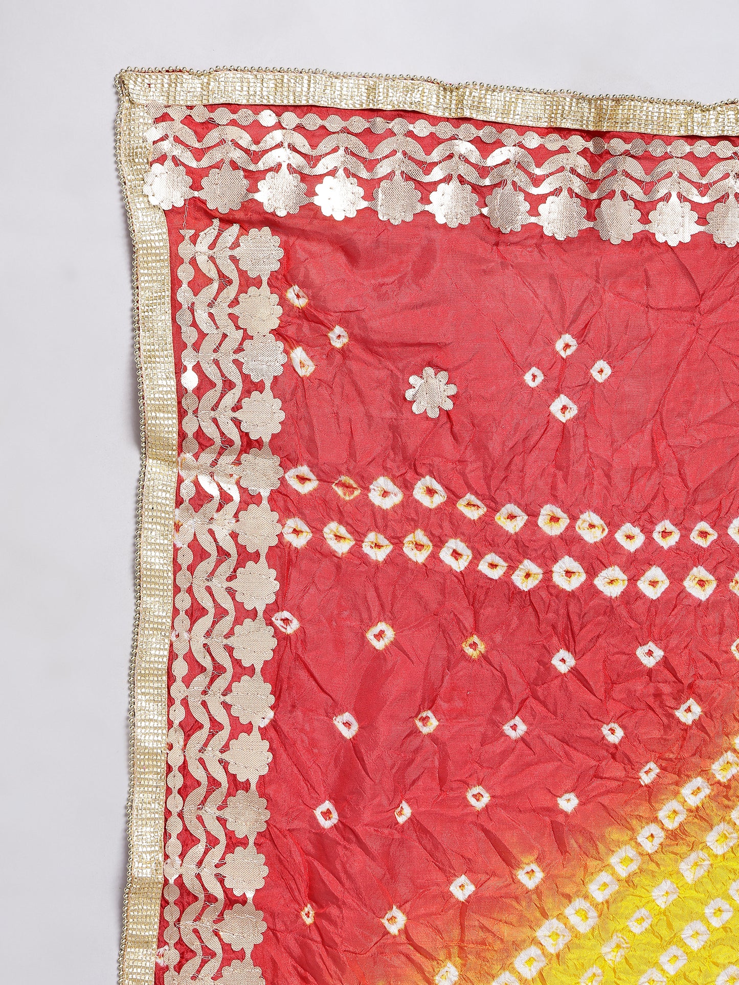 Jaipuri Bandhani Tie-Dye Polka-dot Print Dupatta with Golden Gotta Lace Border - Multi-Color