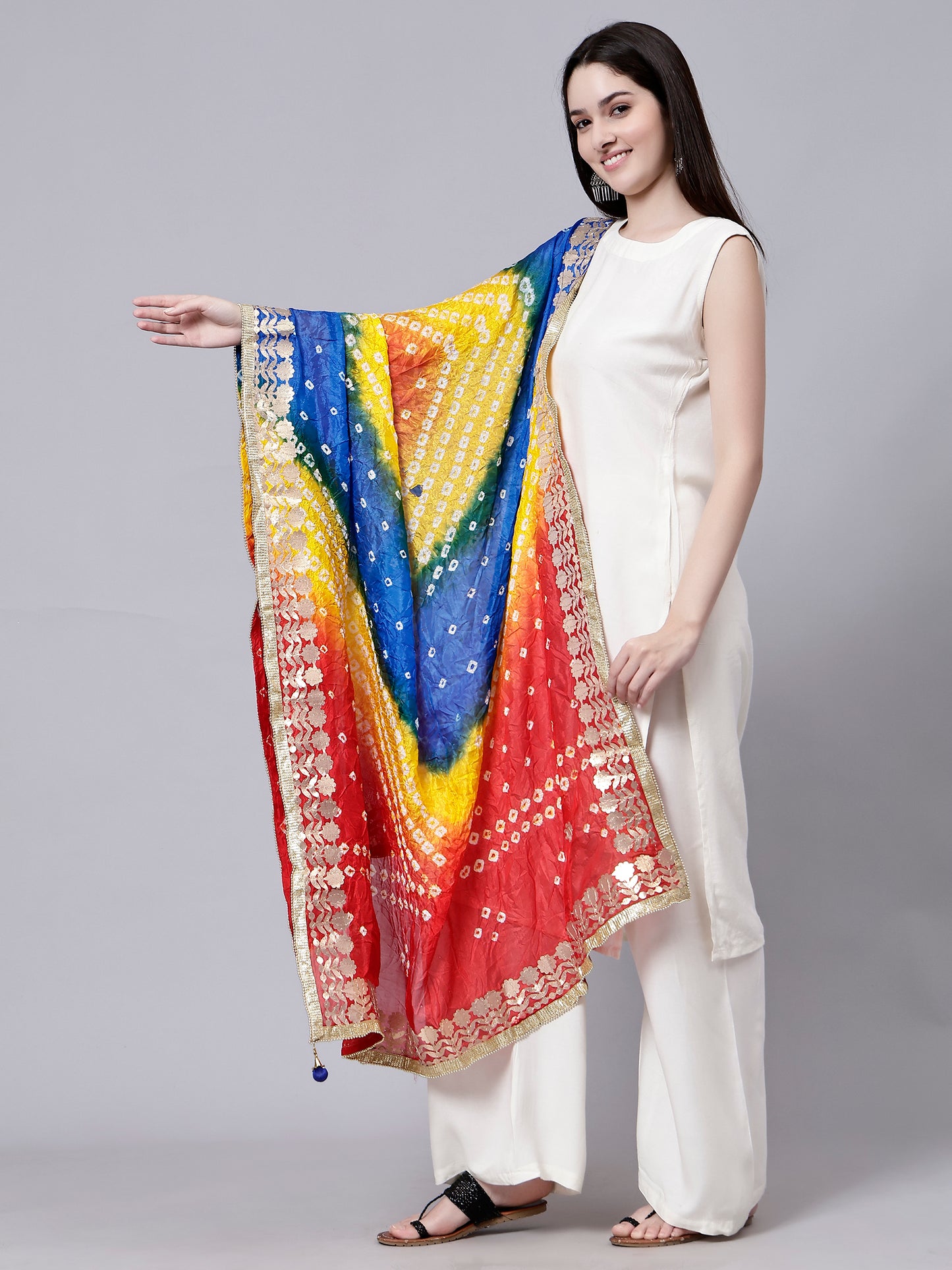 Jaipuri Bandhani Tie-Dye Polka-dot Print Dupatta with Golden Gotta Lace Border - Multi-Color