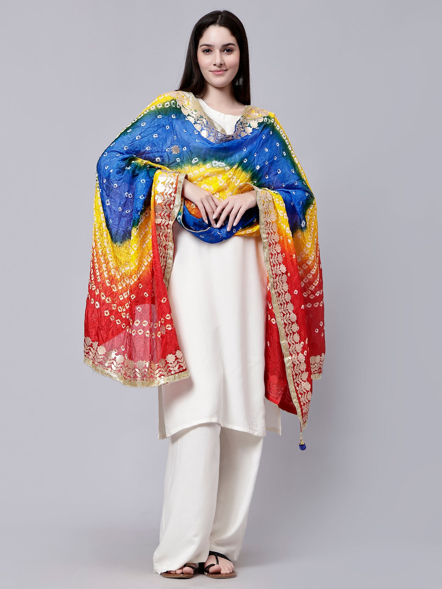 Jaipuri Bandhani Tie-Dye Polka-dot Print Dupatta with Golden Gotta Lace Border - Multi-Color