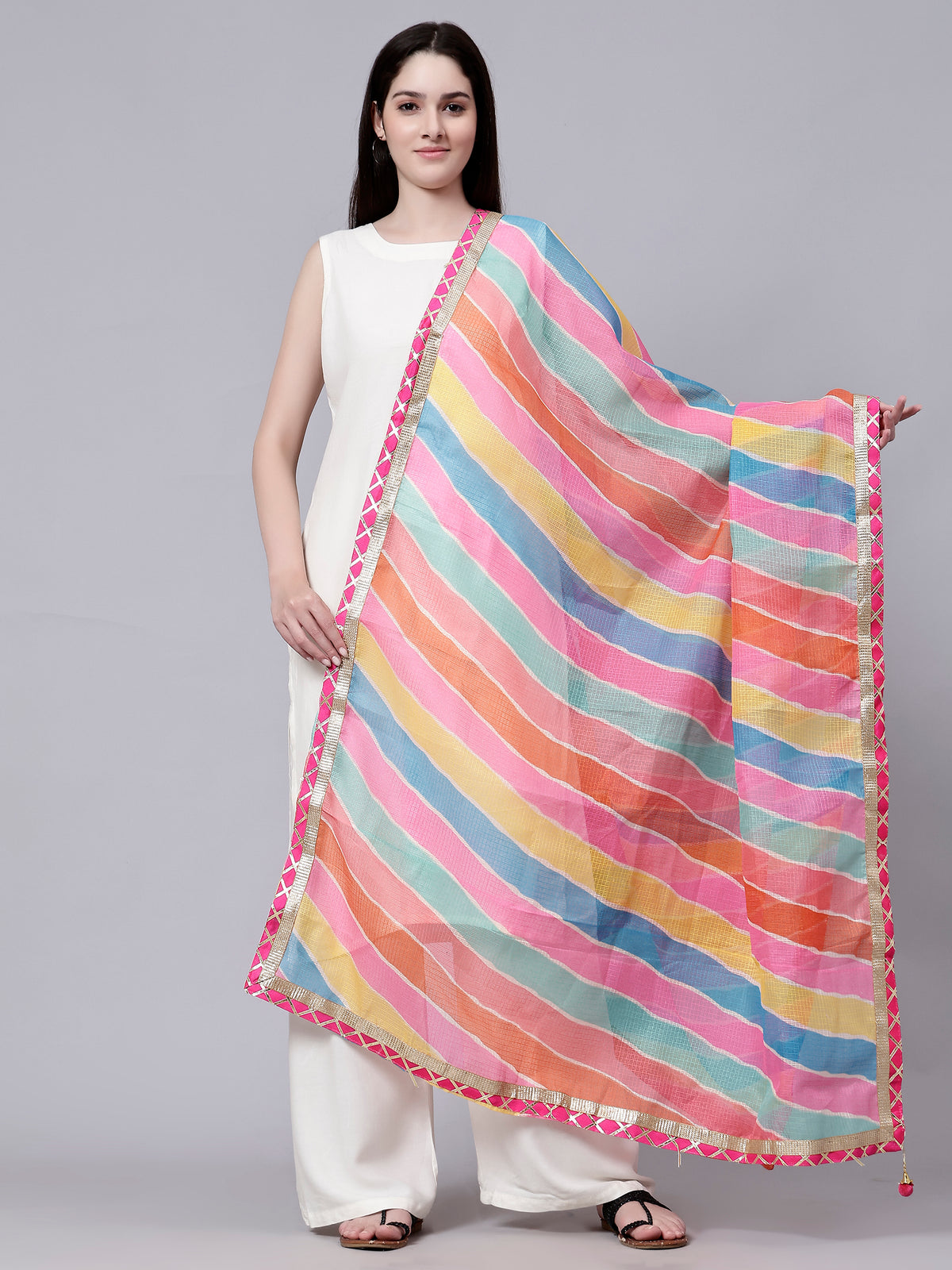Multi-Color Chiffon Bandhani Striped Print Dupatta