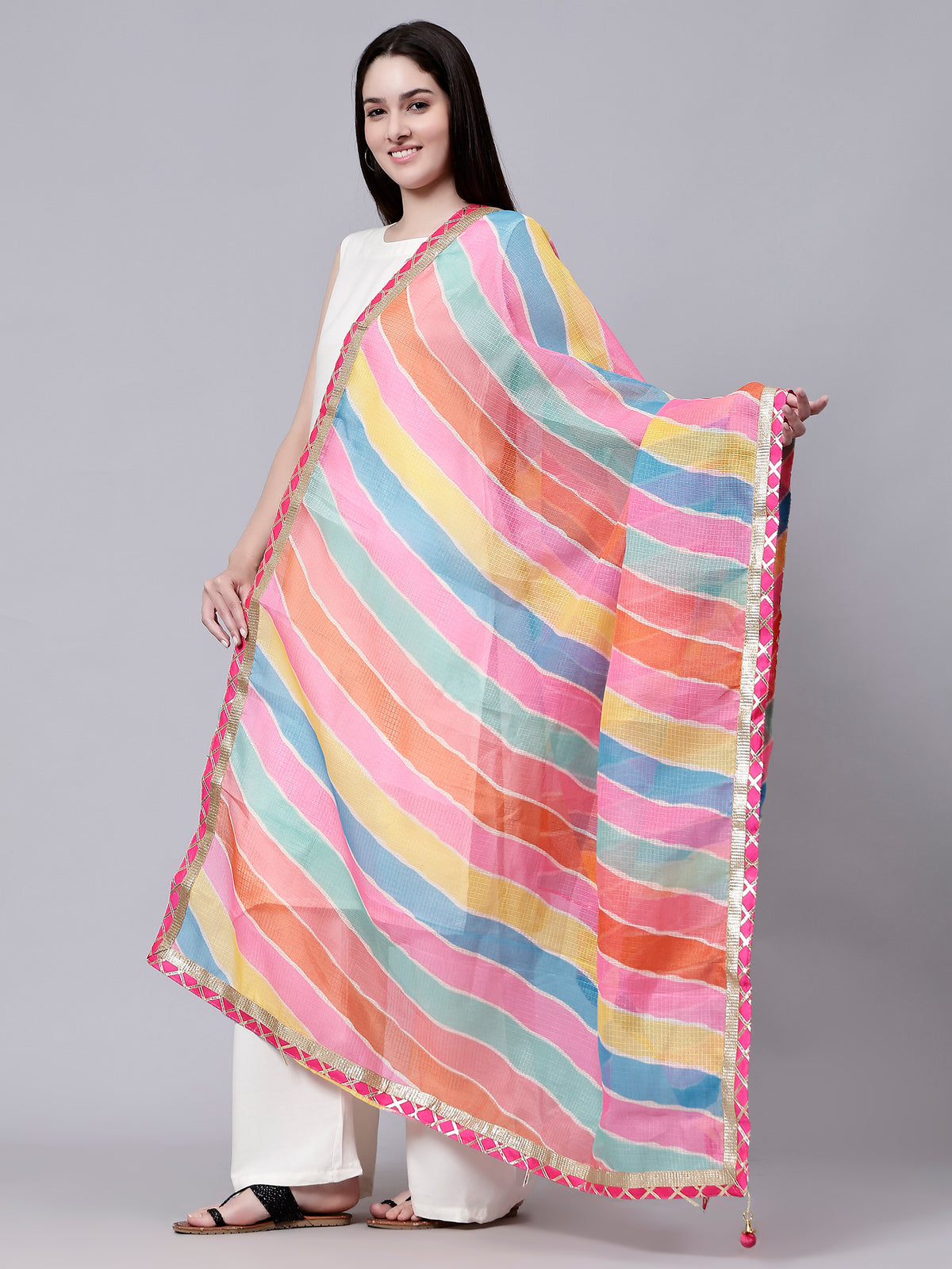 Multi-Color Chiffon Bandhani Striped Print Dupatta