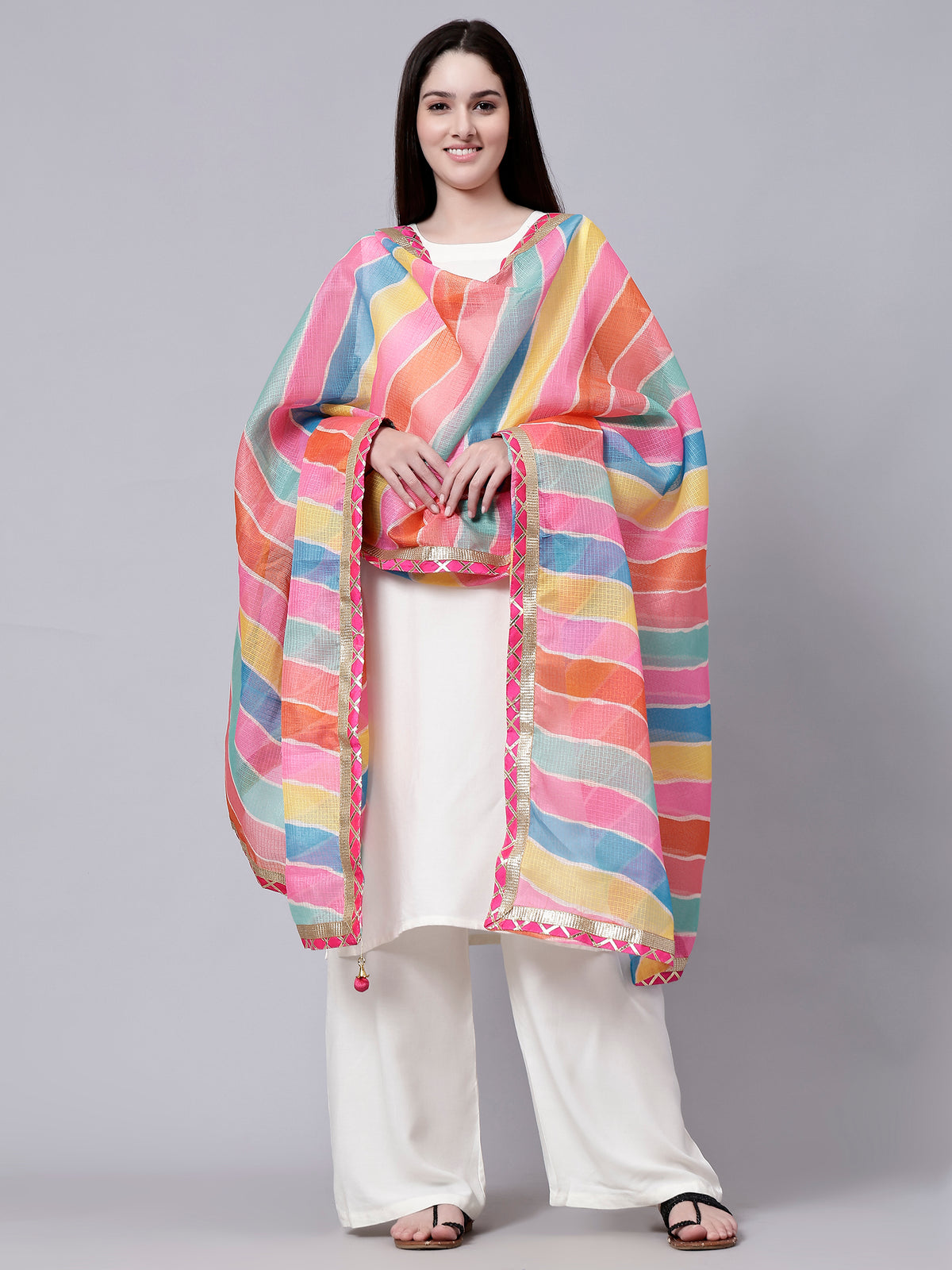Multi-Color Chiffon Bandhani Striped Print Dupatta