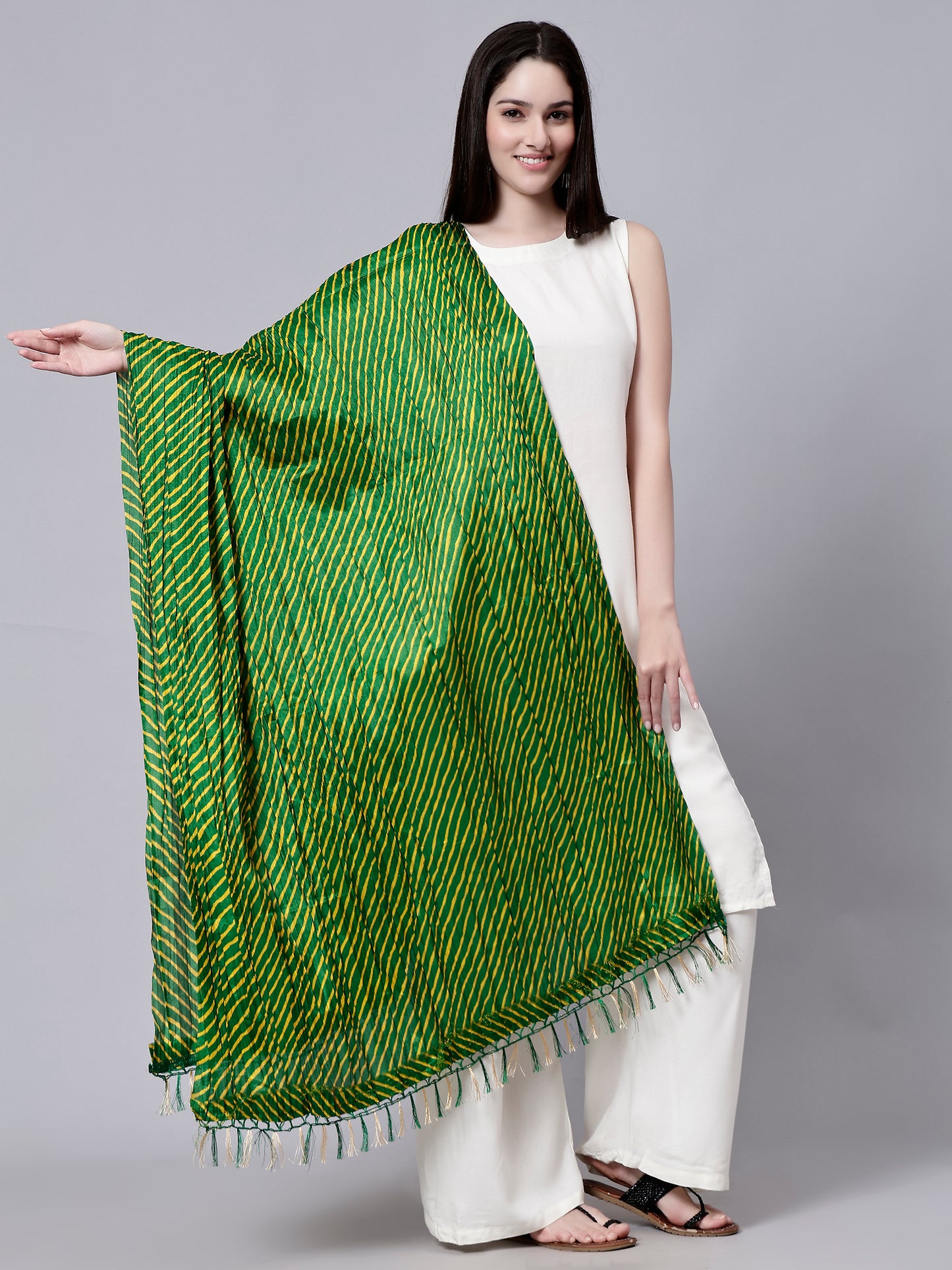 Green Ethnic Printed Cotton Striped Dupatta with Tasseled Border