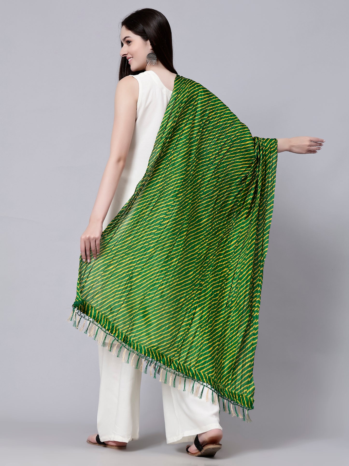 Green Ethnic Printed Cotton Striped Dupatta with Tasseled Border