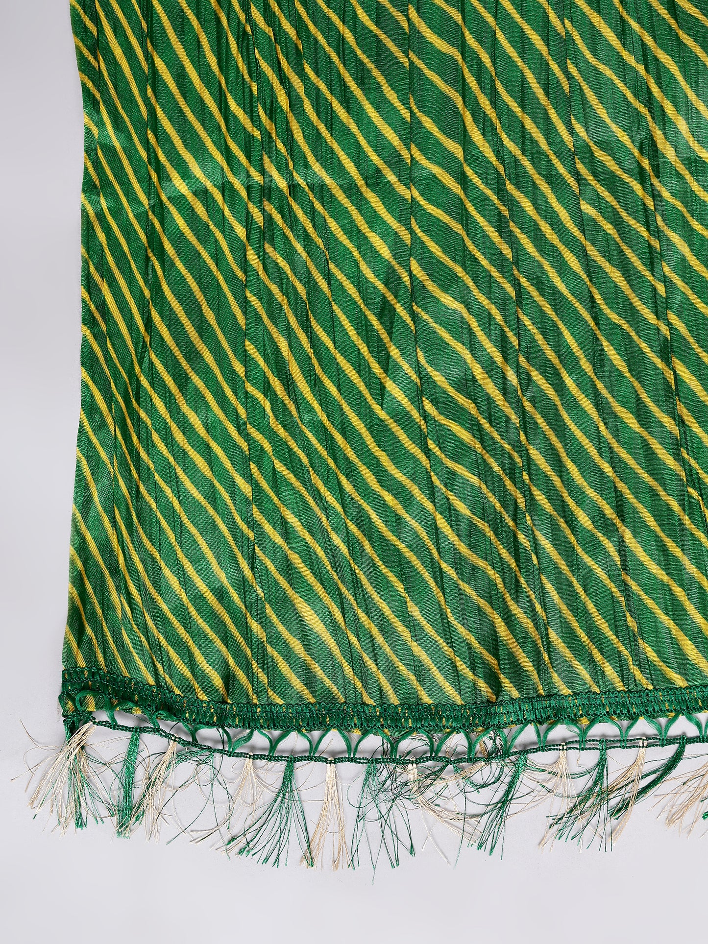 Green Ethnic Printed Cotton Striped Dupatta with Tasseled Border