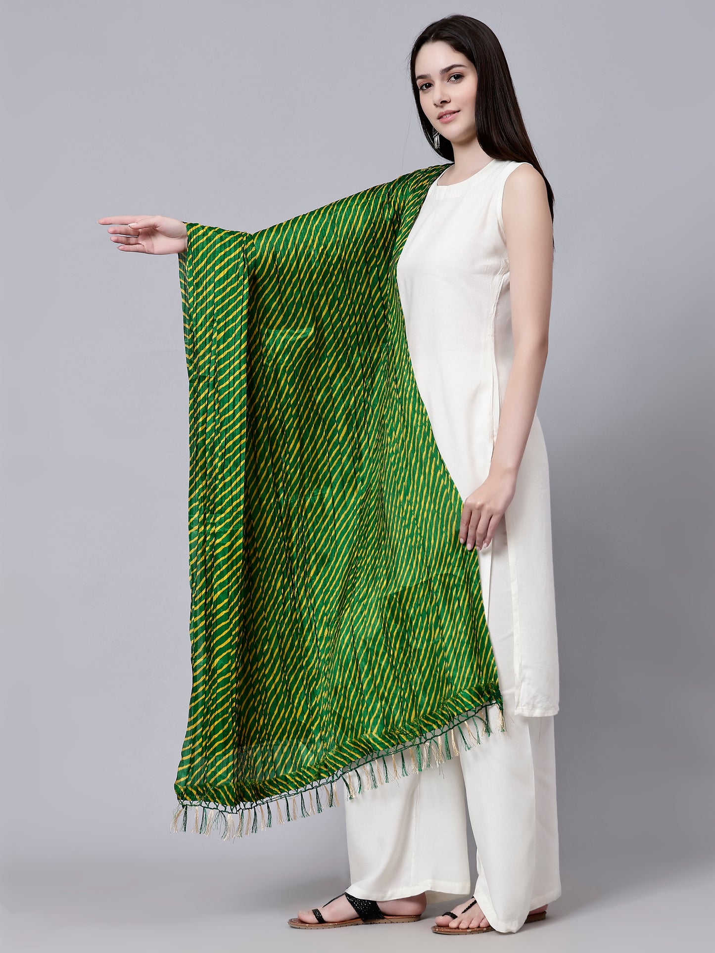 Green Ethnic Printed Cotton Striped Dupatta with Tasseled Border
